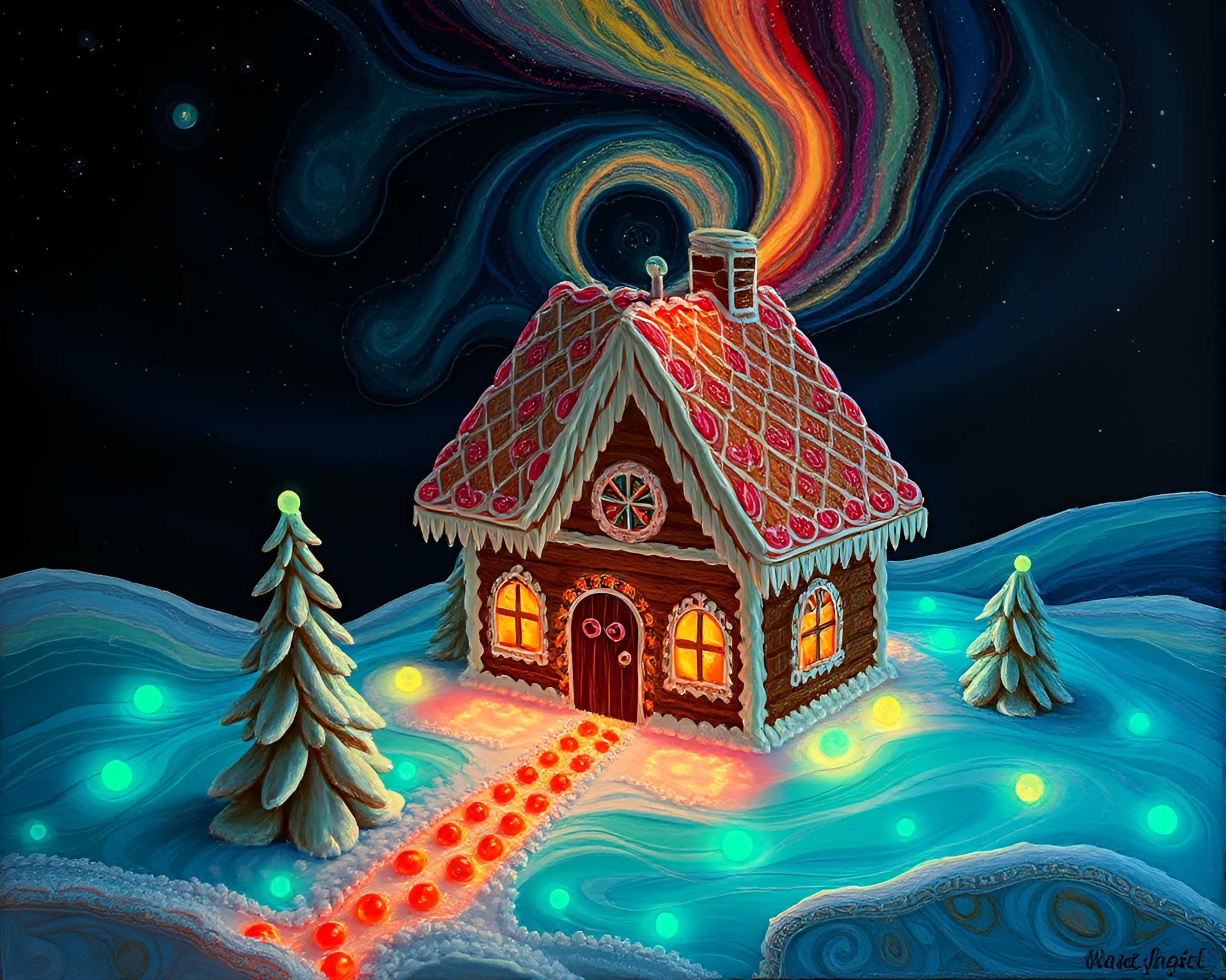 Twisting Vortex Illuminates Encaustic Gingerbread House Fantasy – free AI stock image