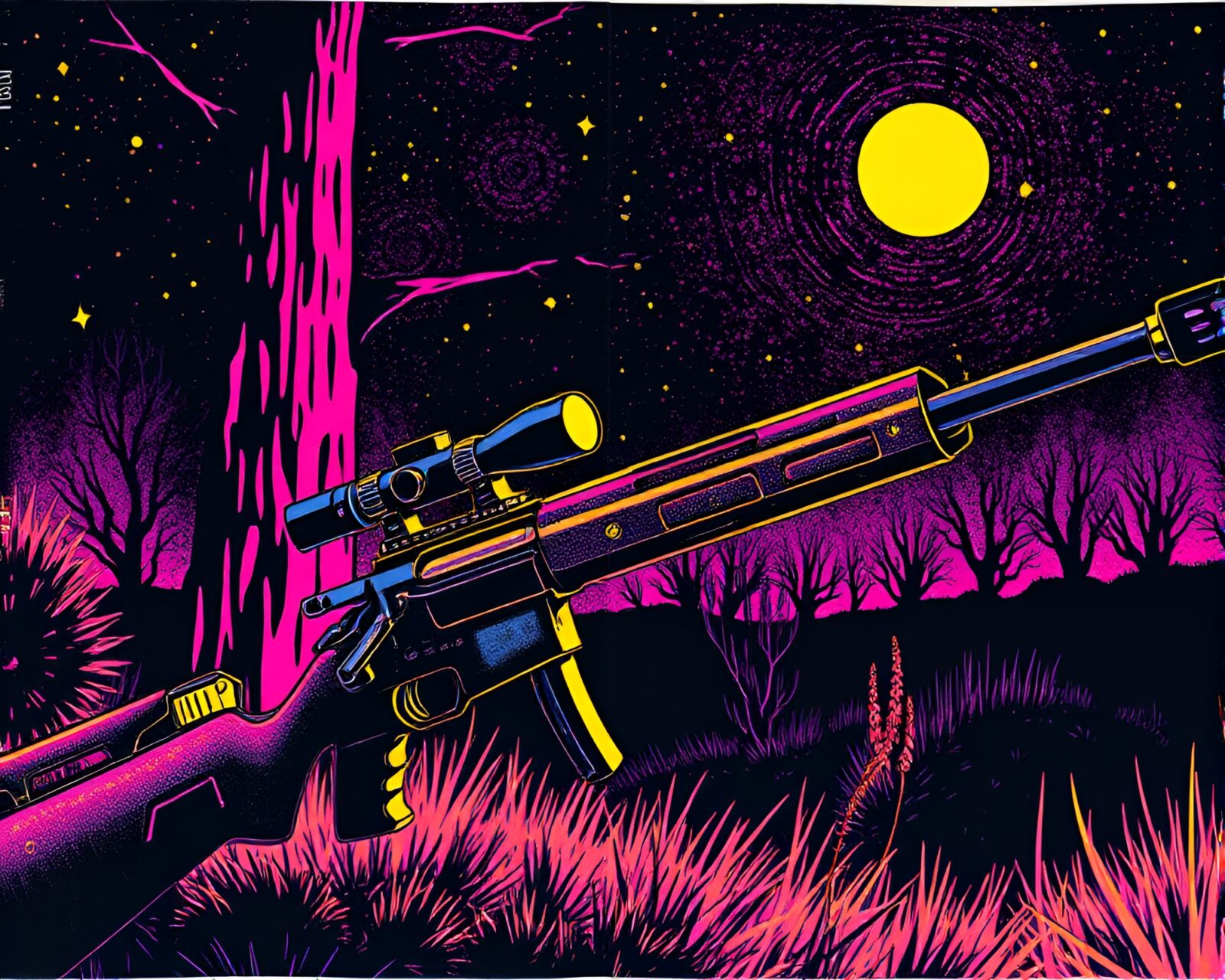 Plasma rifle emitting ultraviolet shine in an intricate woodcut design