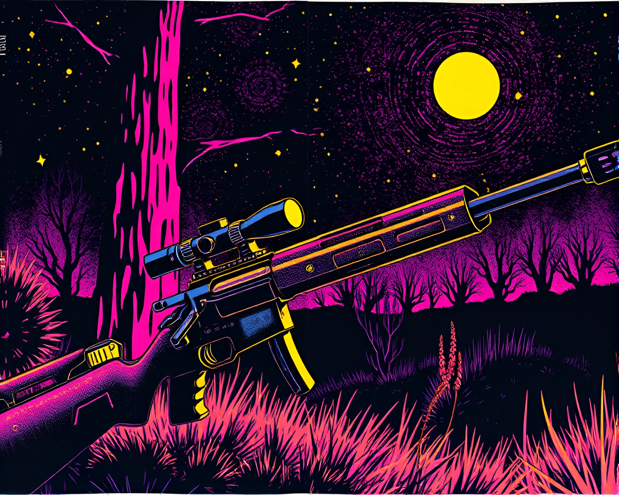 Plasma Rifle Glow in Woodcut Print Style – free AI stock image