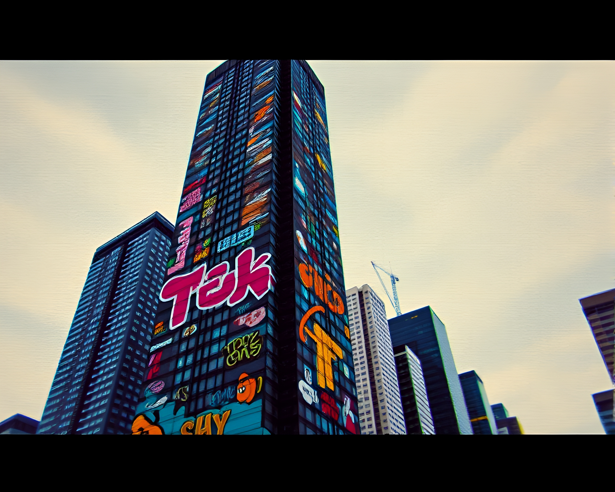 Gritty Voxel Skyscraper Graffiti Composition – free AI stock image