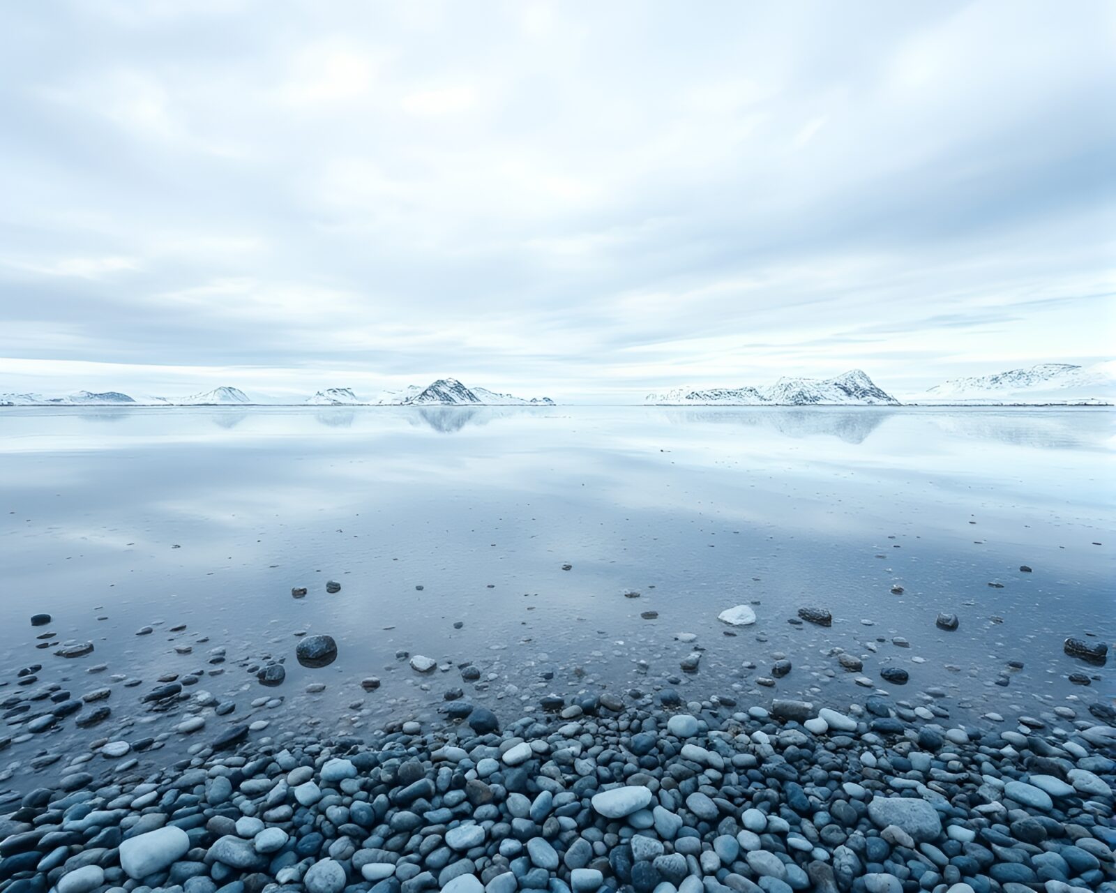 Glowing pebble beach under Antarctic whiteout sky