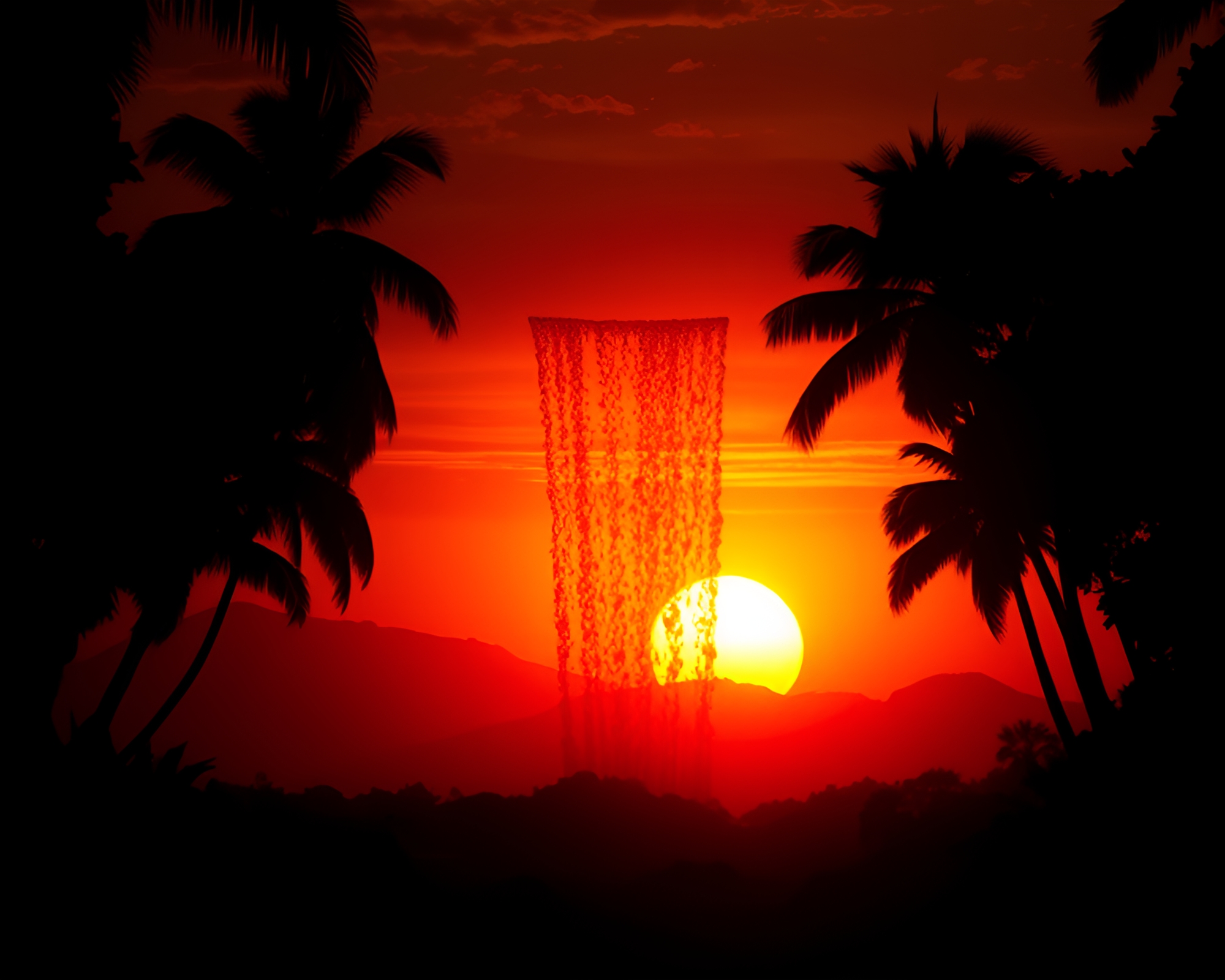 Tropical Waterfall Silhouetted Sunset Scene – free AI stock image