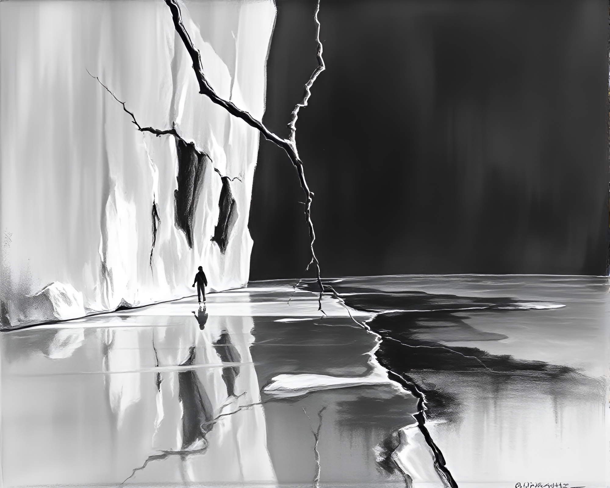 Ice Reflection Crack Charcoal Sketch in Stage Spotlight – free AI stock image