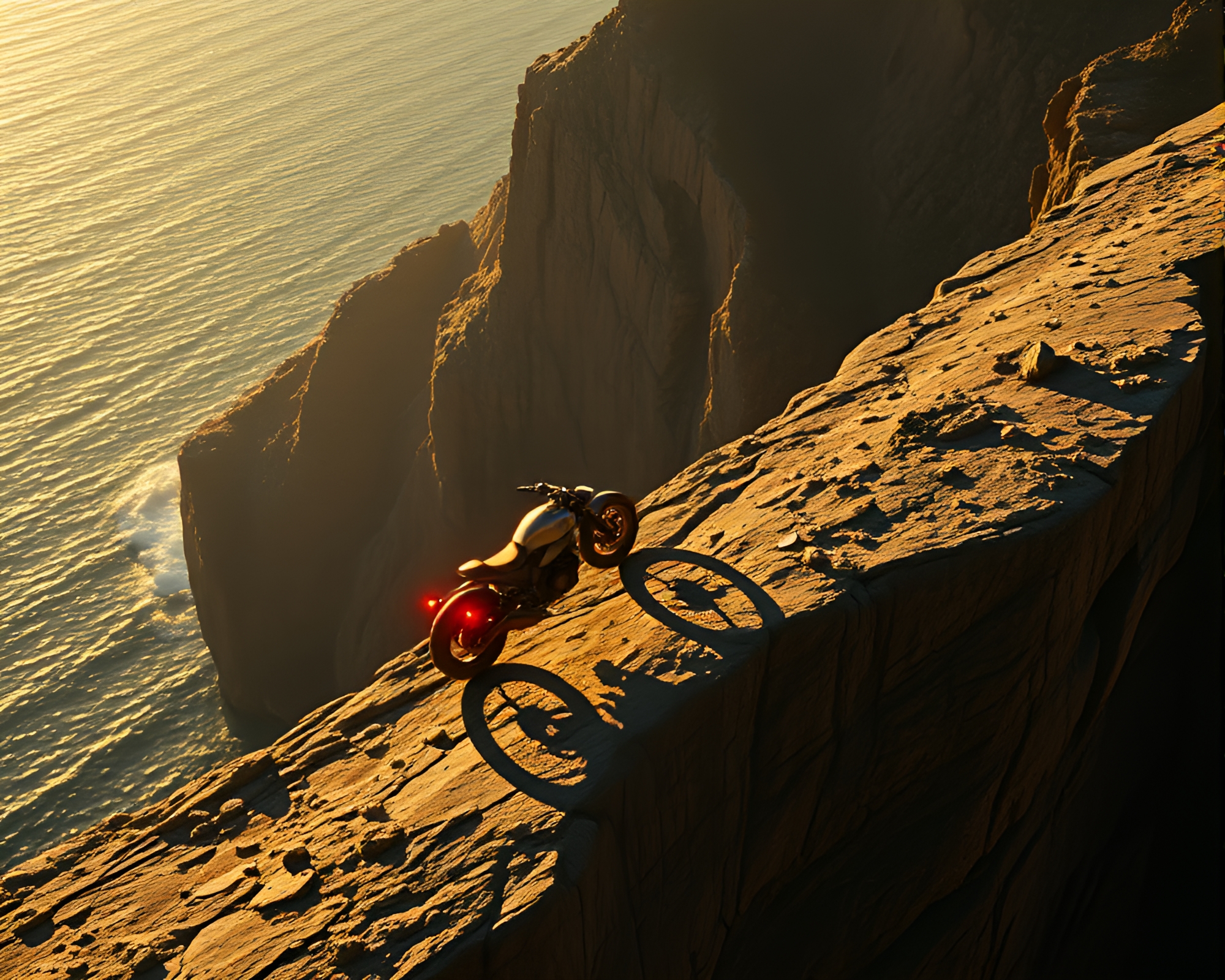 Vintage Hoverbike Racing on Cliffside with Film Burn Effects – free AI stock image