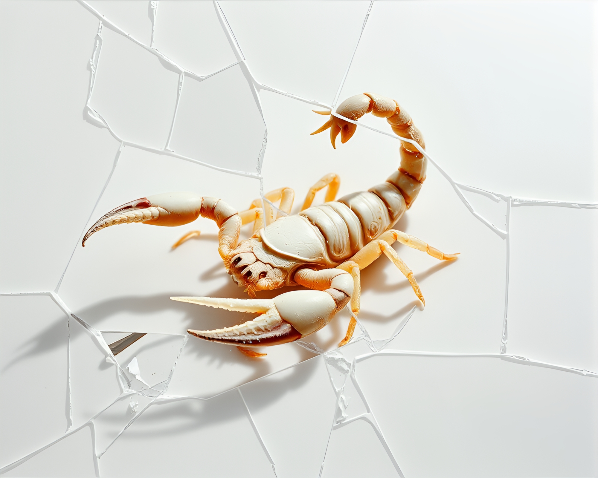 Shattered scorpion reflected in ivory white broken glass – free AI stock image