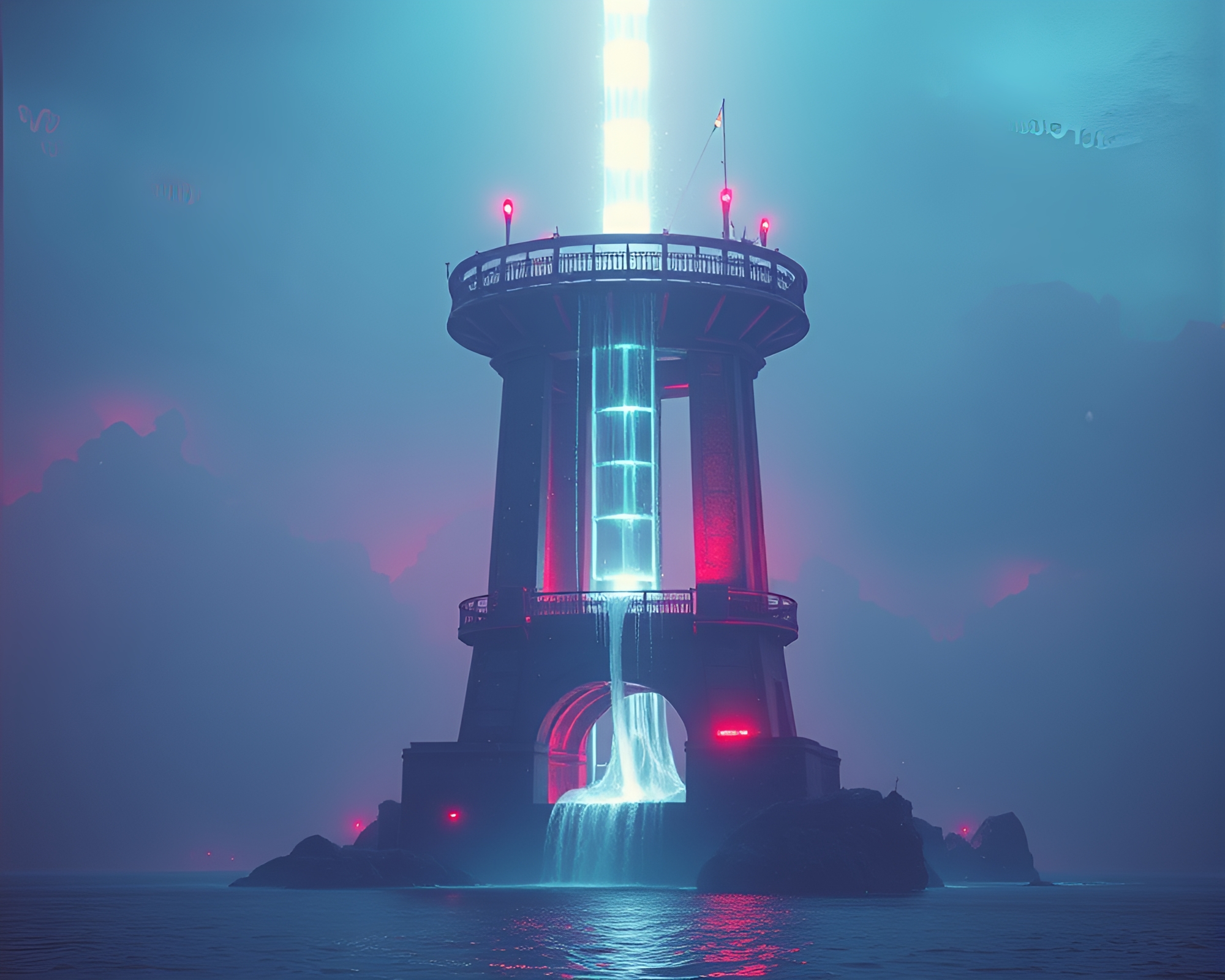 Necromantic Tower Emerges from Distorted Water in Retrowave Style – free AI stock image
