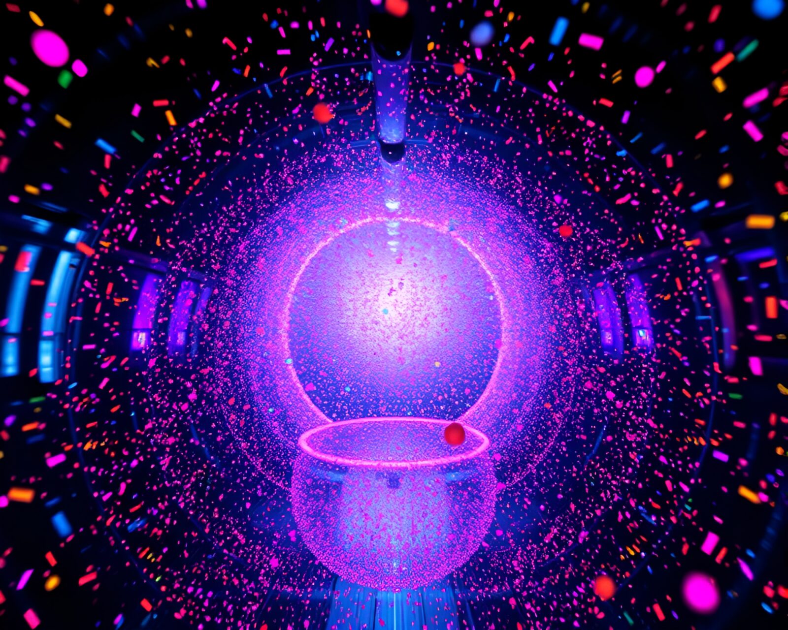 Colorful burst of confetti particles in glowing glass tunnel