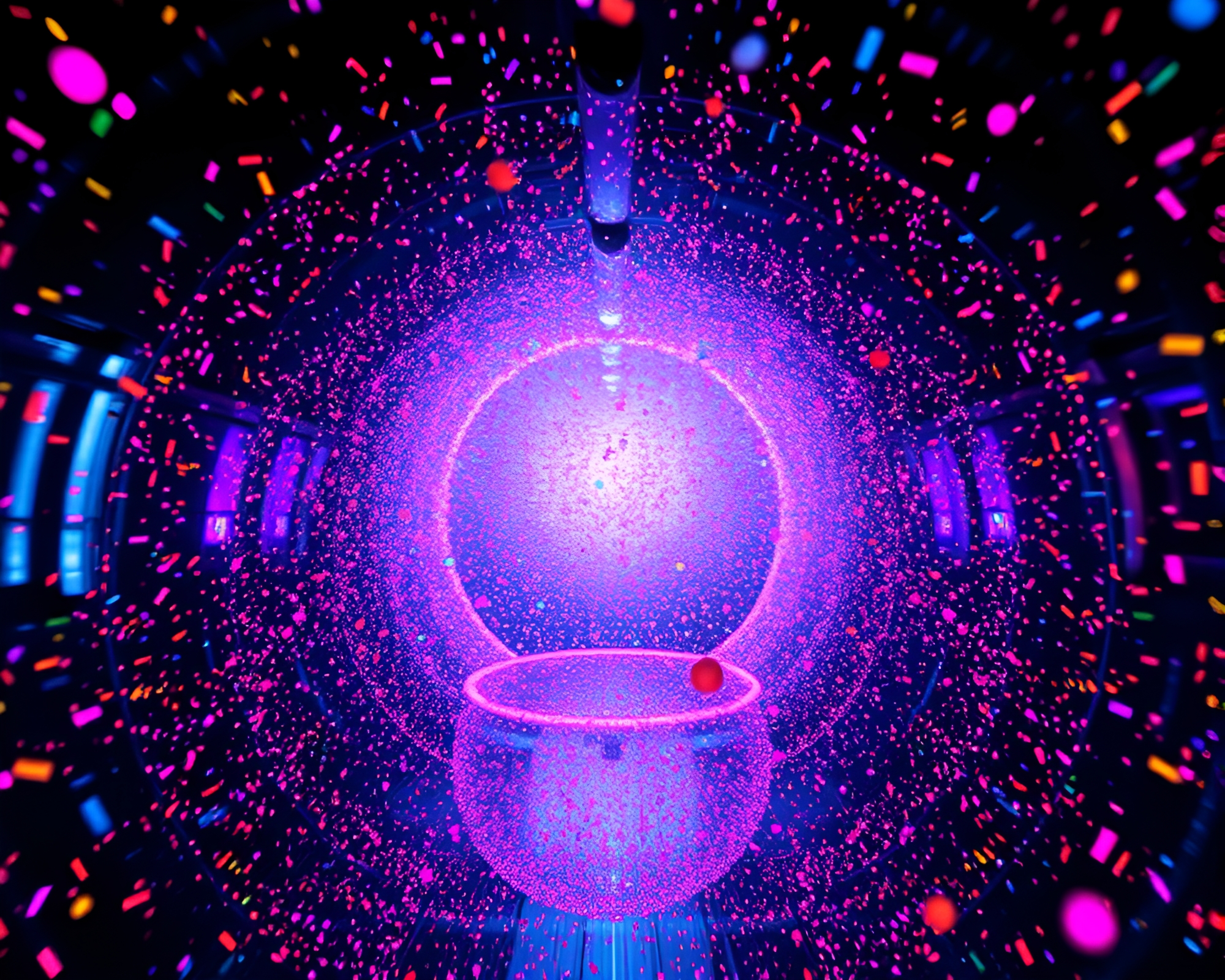 Neon Glass Tunnel with Floating Confetti Particles – free AI stock image