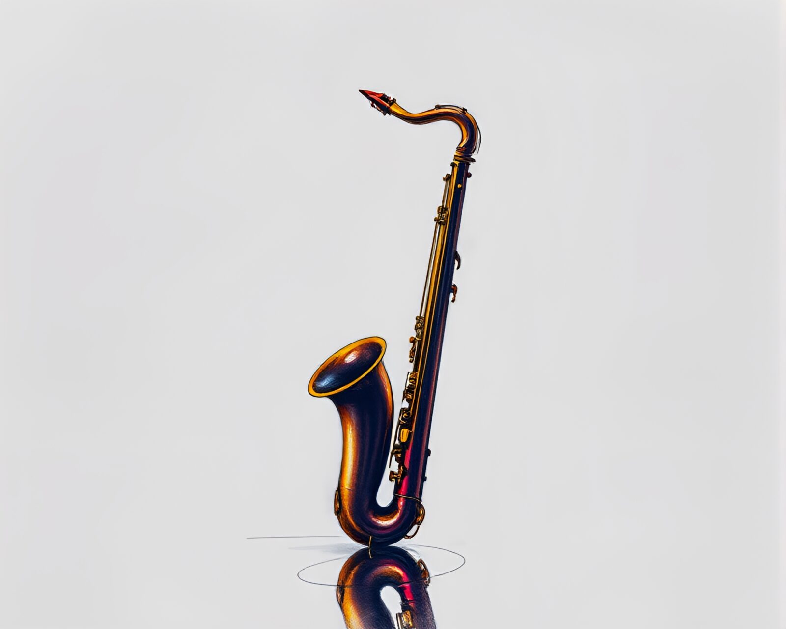Dramatic conté crayon drawing of a saxophonist's reflection