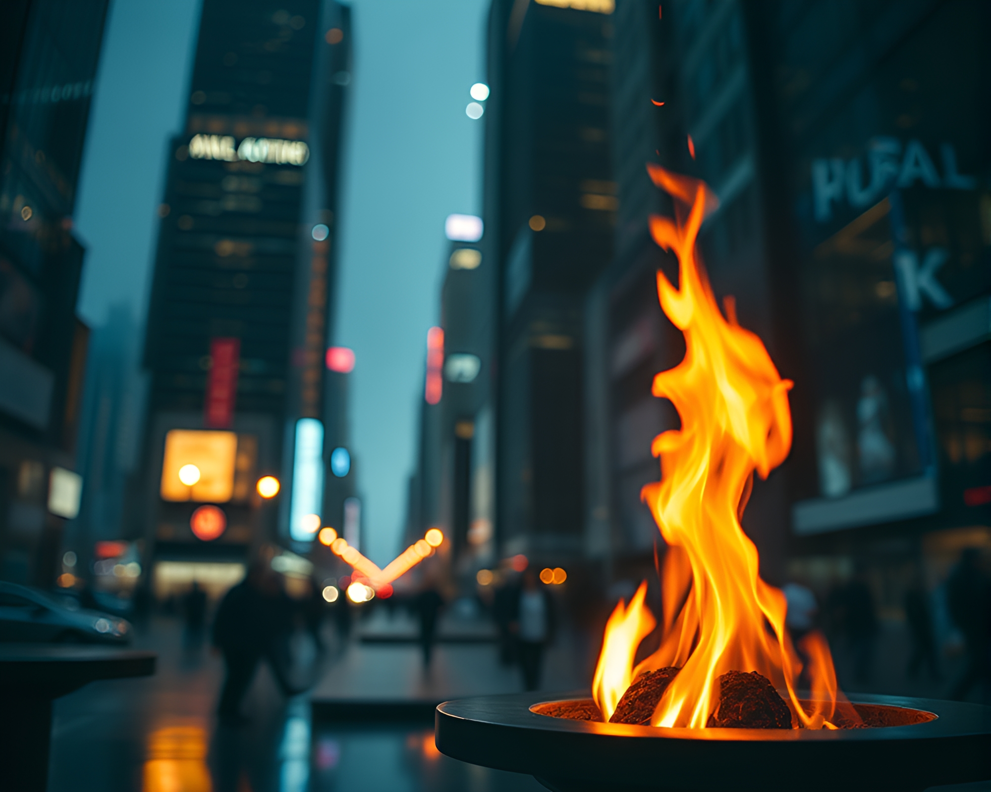 Futuristic City: Up-Close Fireplace Flicker – free AI stock image