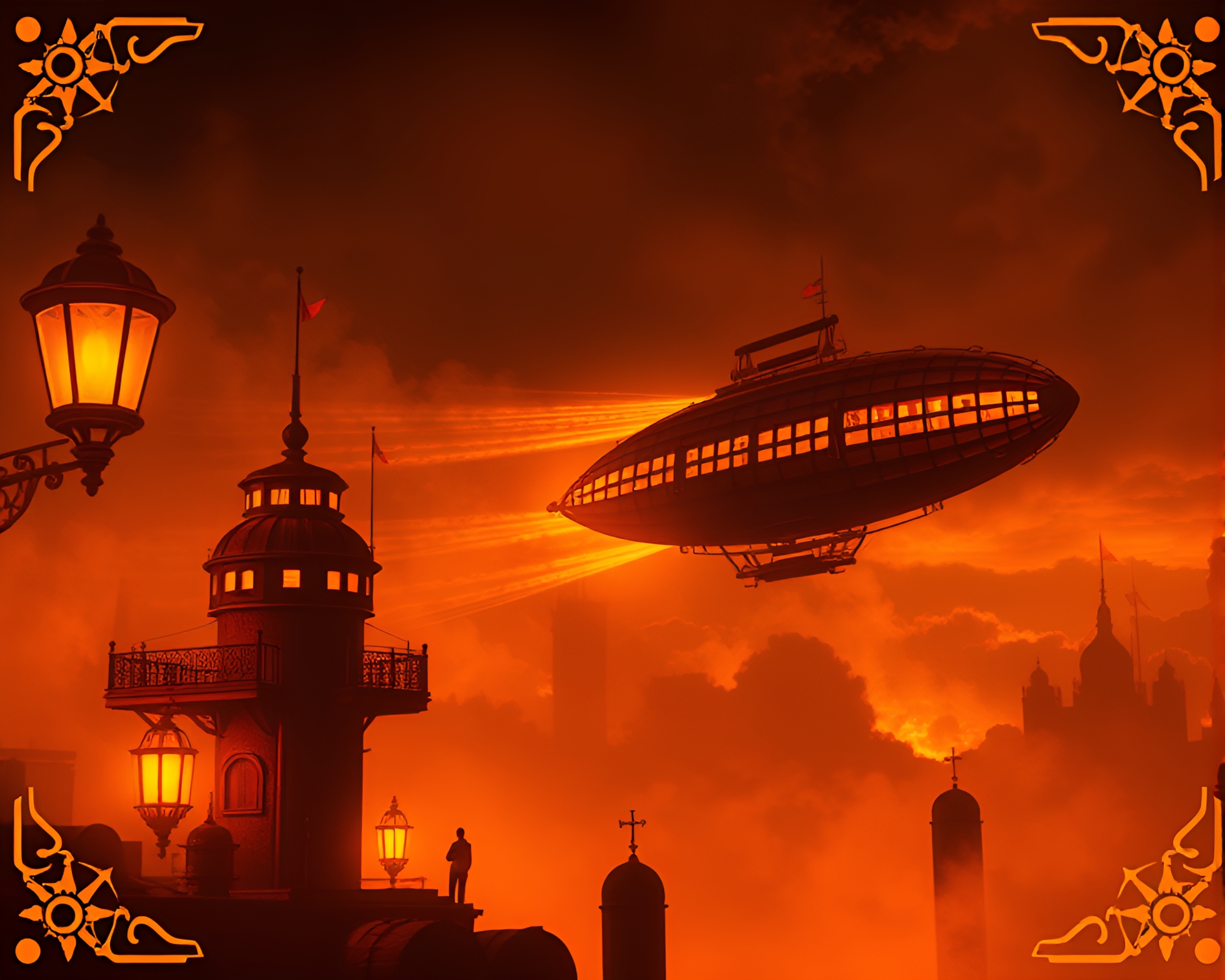 Steampunk Airship Vignette in Burnt Orange Noir – free AI stock image