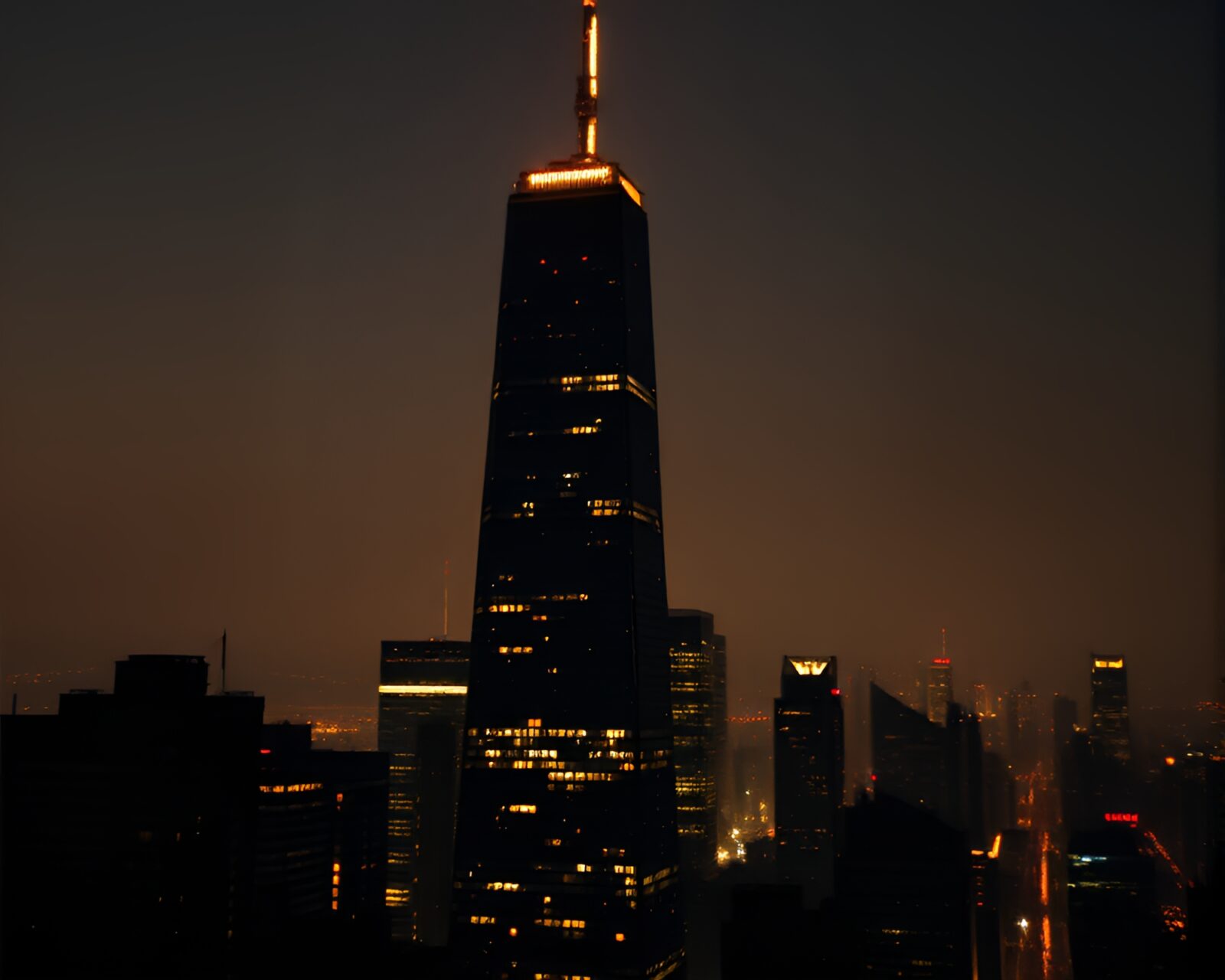 Silhouetted skyscraper with swirling particles against grainy backdrop