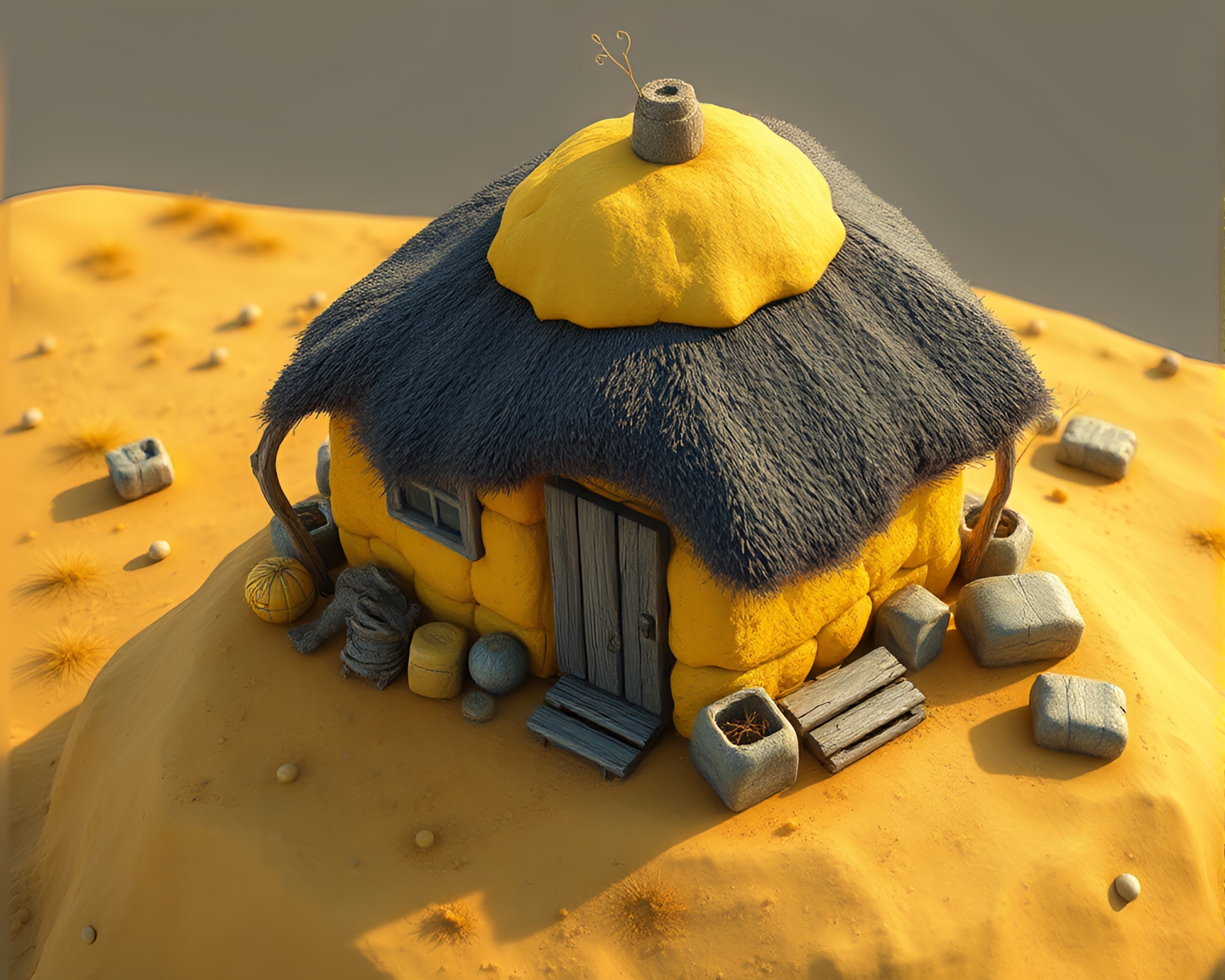 High-Poly 3D Render: Mustard Yellow Mud Hut – free AI stock image