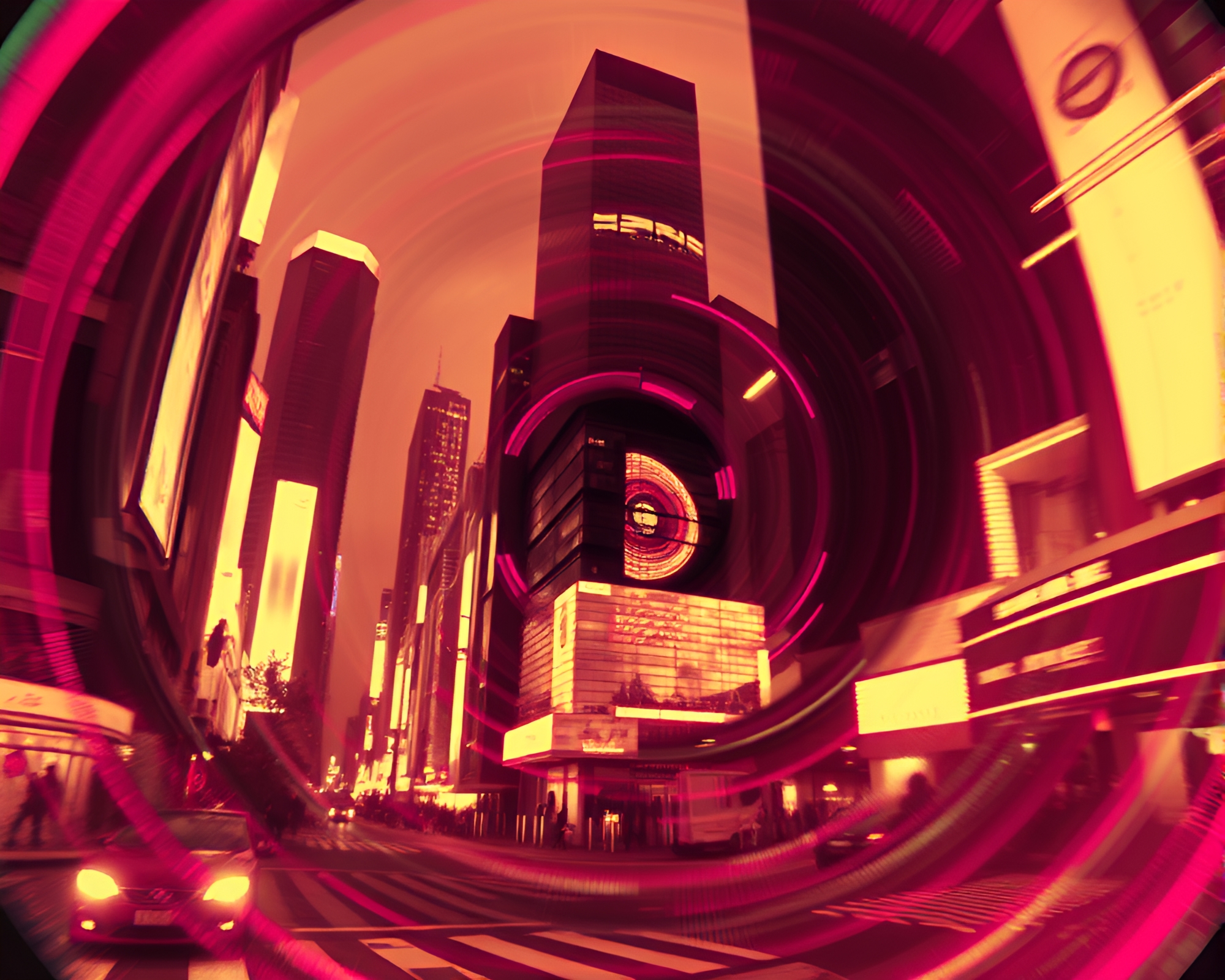 Futuristic Sepia Cityscape with Magenta Aura – free AI stock image