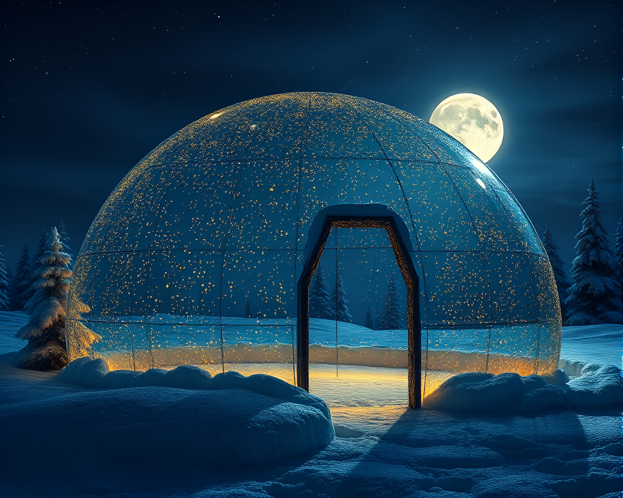 Moonlit Glass Igloo with Gilded Highlights in Stipple Shading – free AI stock image