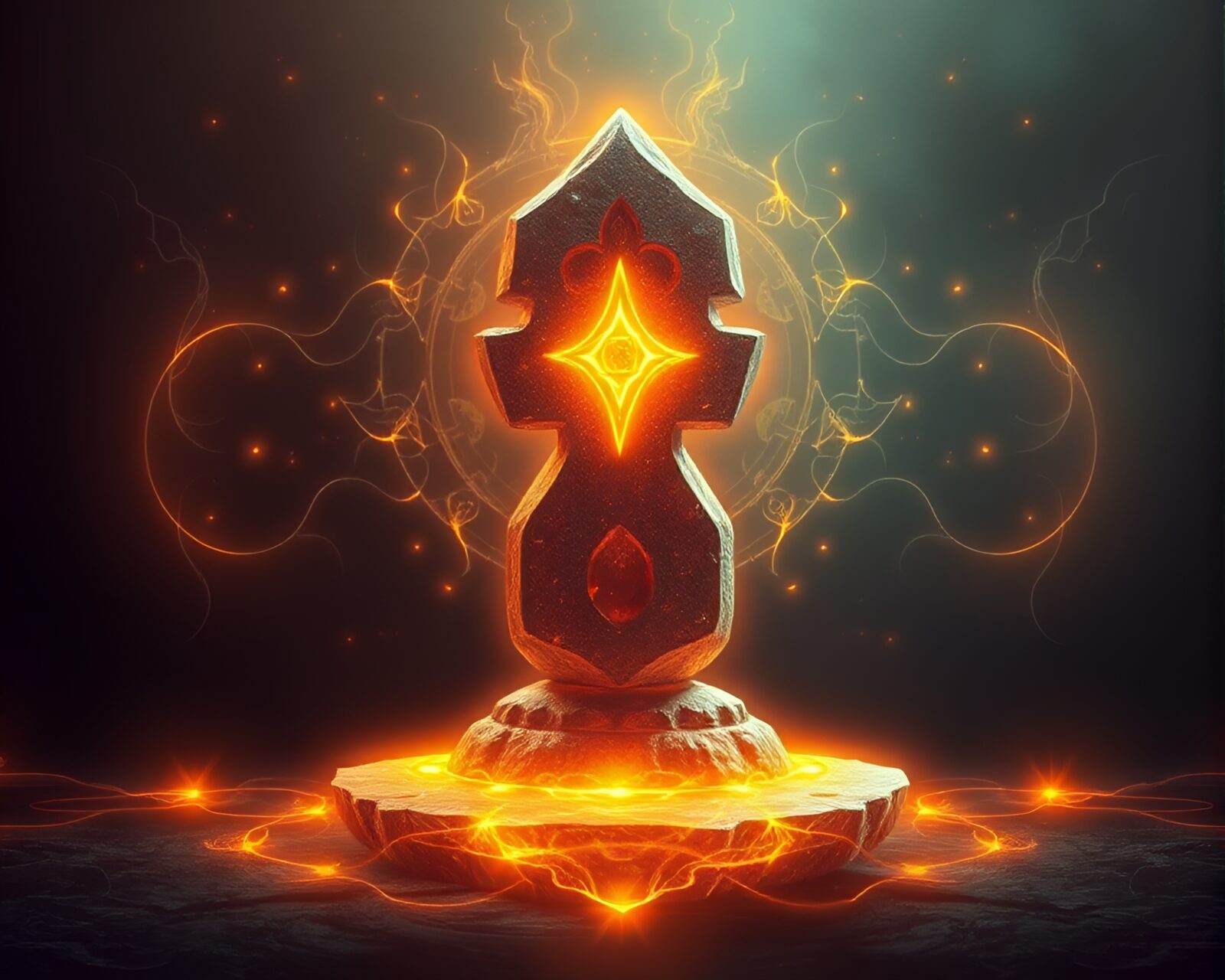 Asymmetrical balance of glowing fractal rune stone illustration