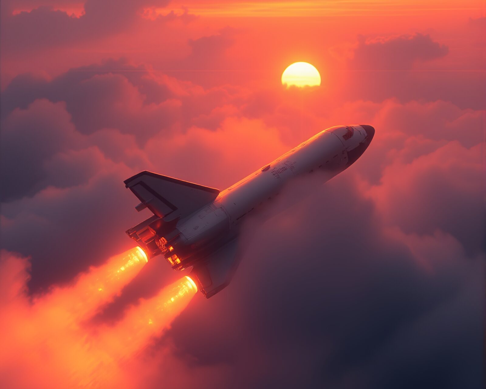 Digital painting of a space shuttle emerging from dawn mist