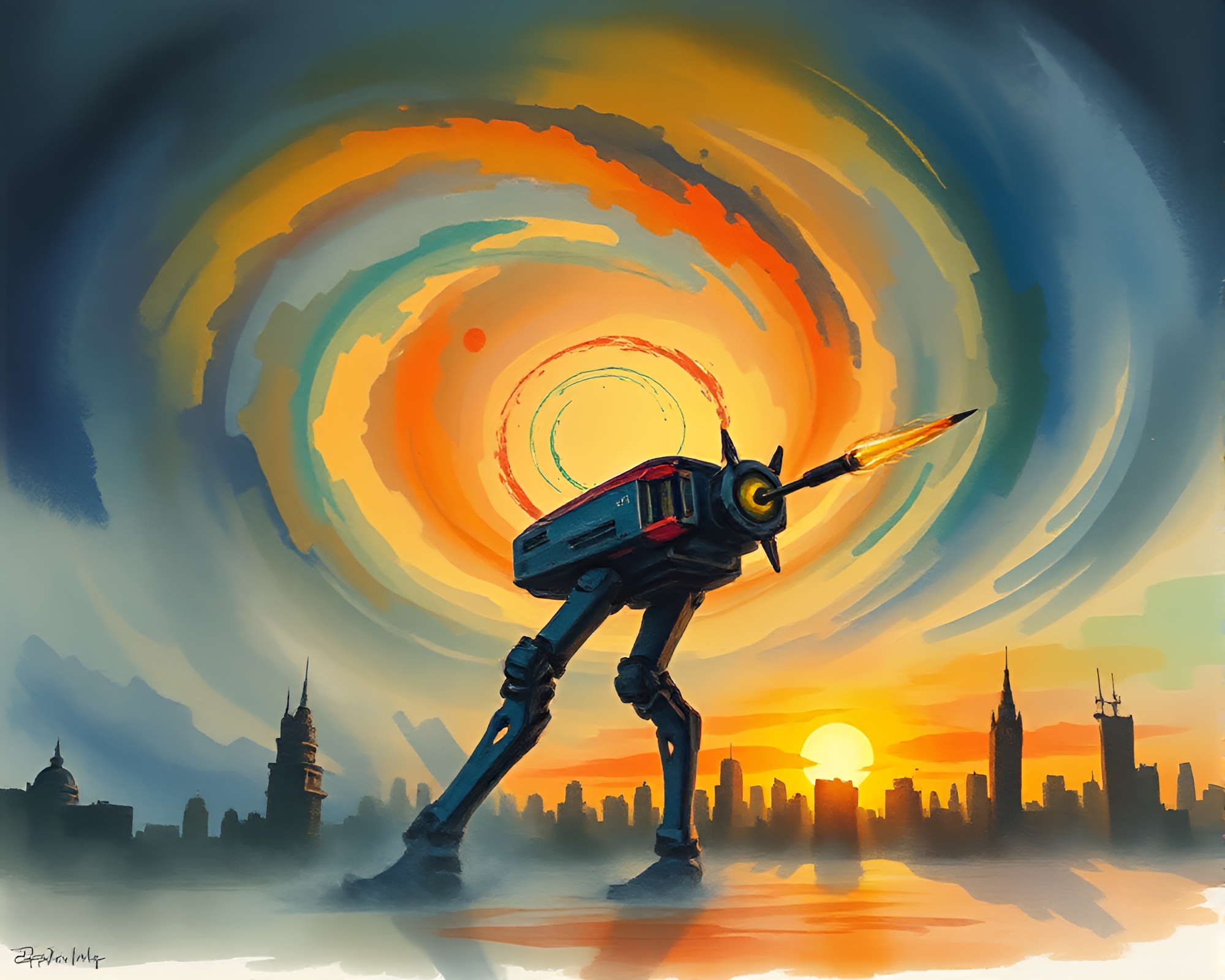 Mech Battle in Swirling Vortex at Sunset – free AI stock image