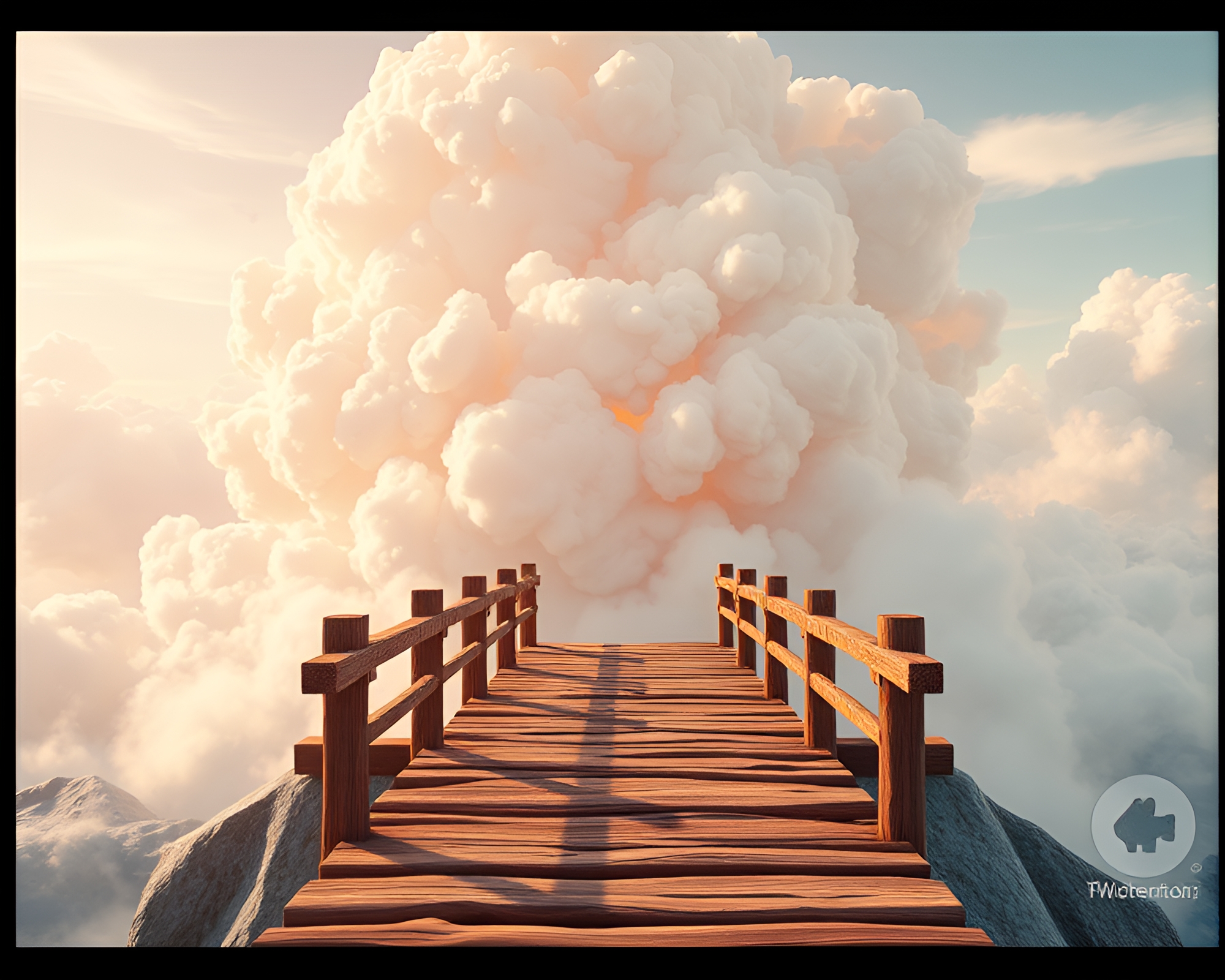 Explosive Clouds Over Wooden Bridge in Digital Bloom – free AI stock image