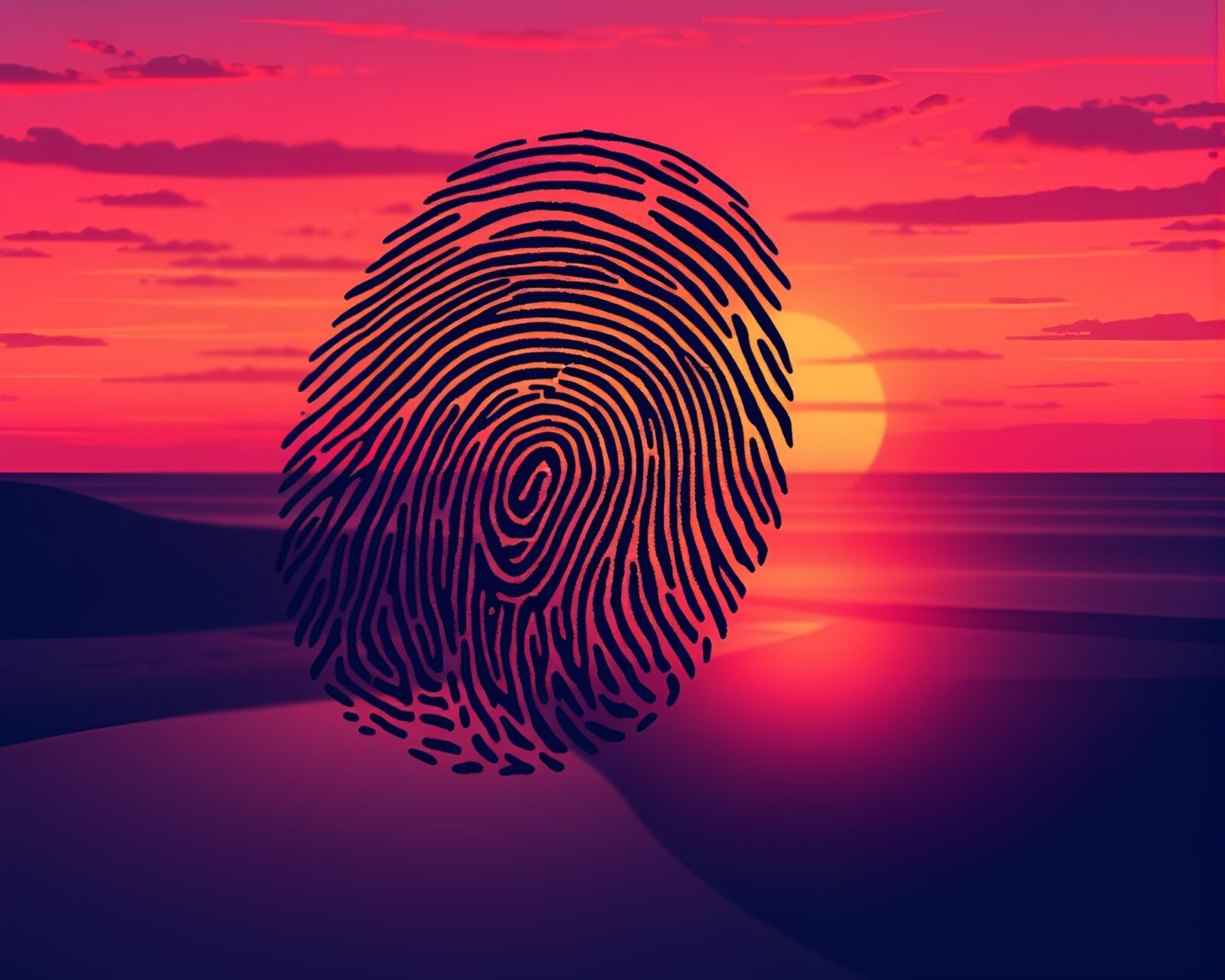 Technically detailed illustration of a vaporwave sunset with fingerprint swirls