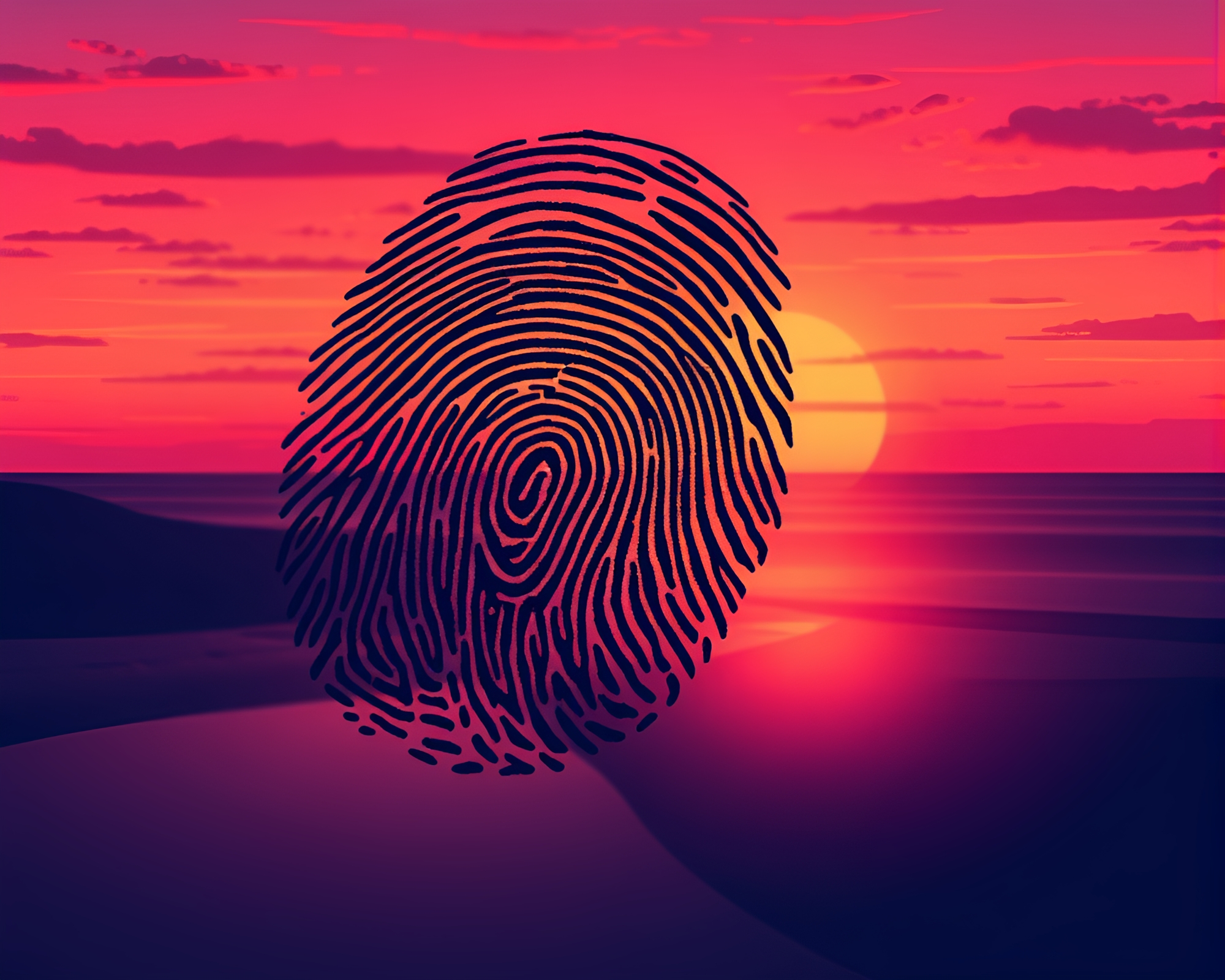 Vaporwave Sunset with Fingerprint Swirl Illustration – free AI stock image