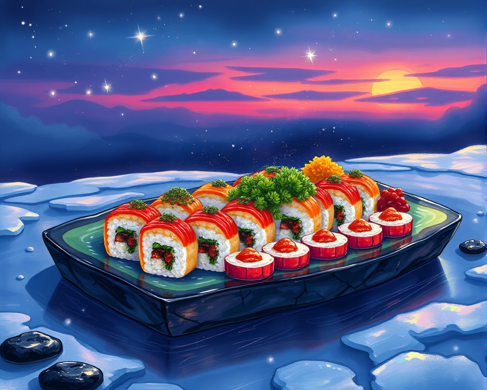 Colorful sushi platter under polar twilight in fantasy style
