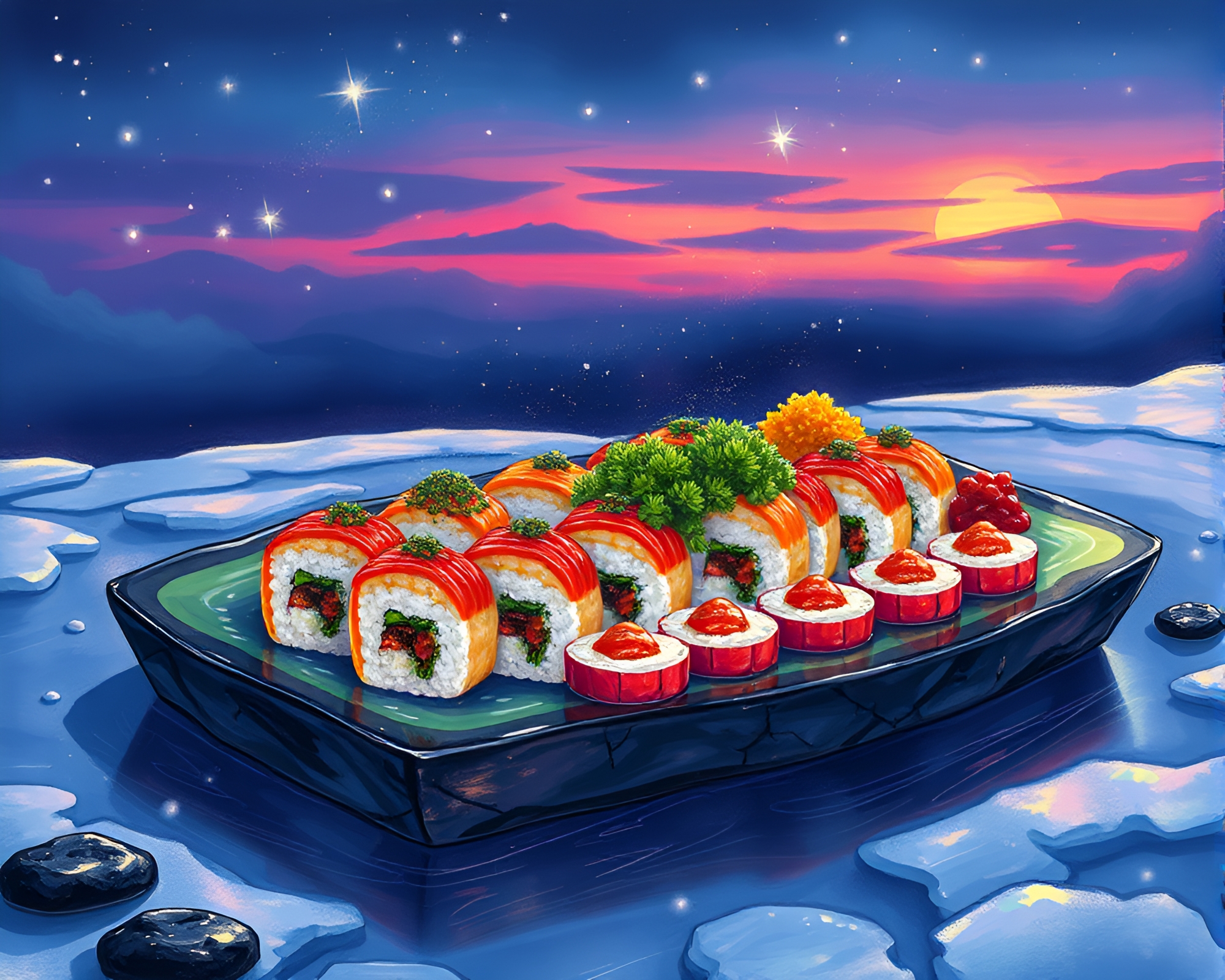 Sushi Fantasy: Oil Slick Rainbow Delight – free AI stock image