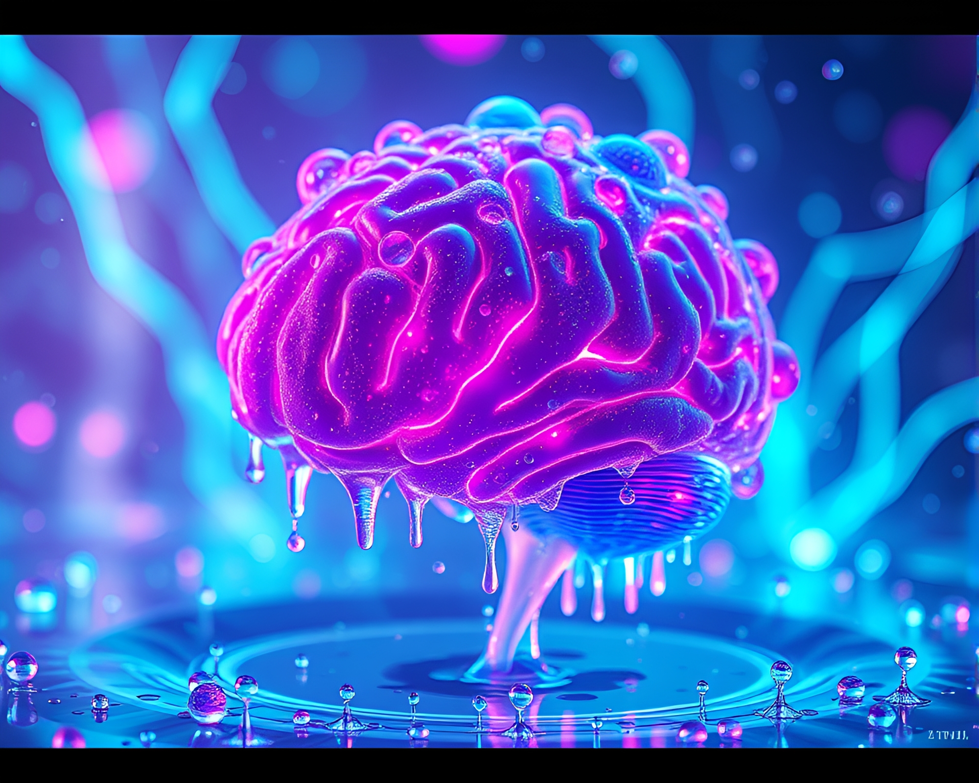 AI Brain Illuminated by Bioluminescent Dew Drops – free AI stock image