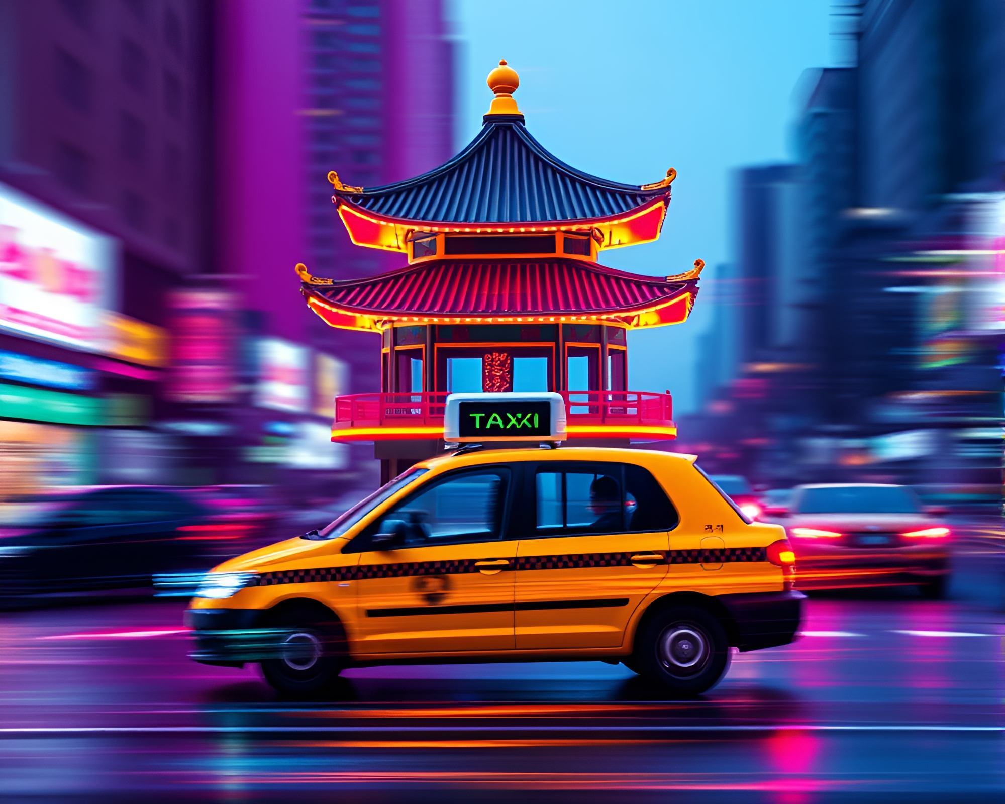 Vibrant Pagoda Scene with Taxi Light Streaks – free AI stock image