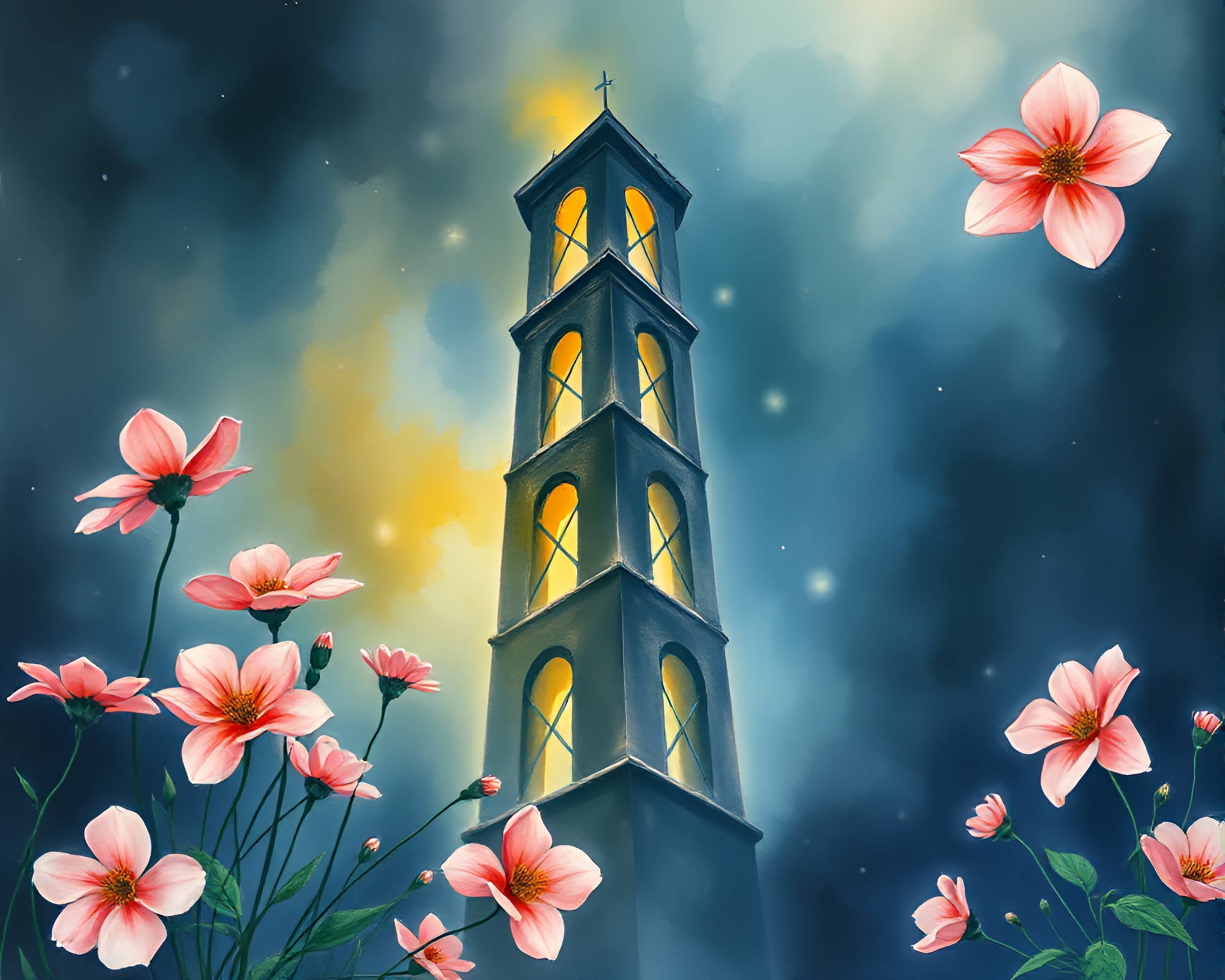Tower of Gloom: Watercolor Pointillism Fantasy – free AI stock image