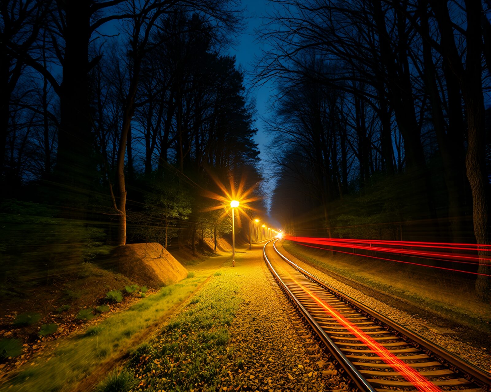 Enchanted forest with ethereal light trails from passing train