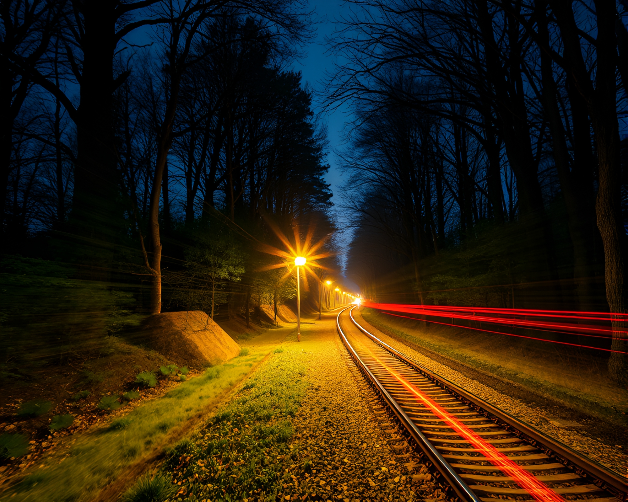Mystical Train Light Trails Through Ancient Grove – free AI stock image