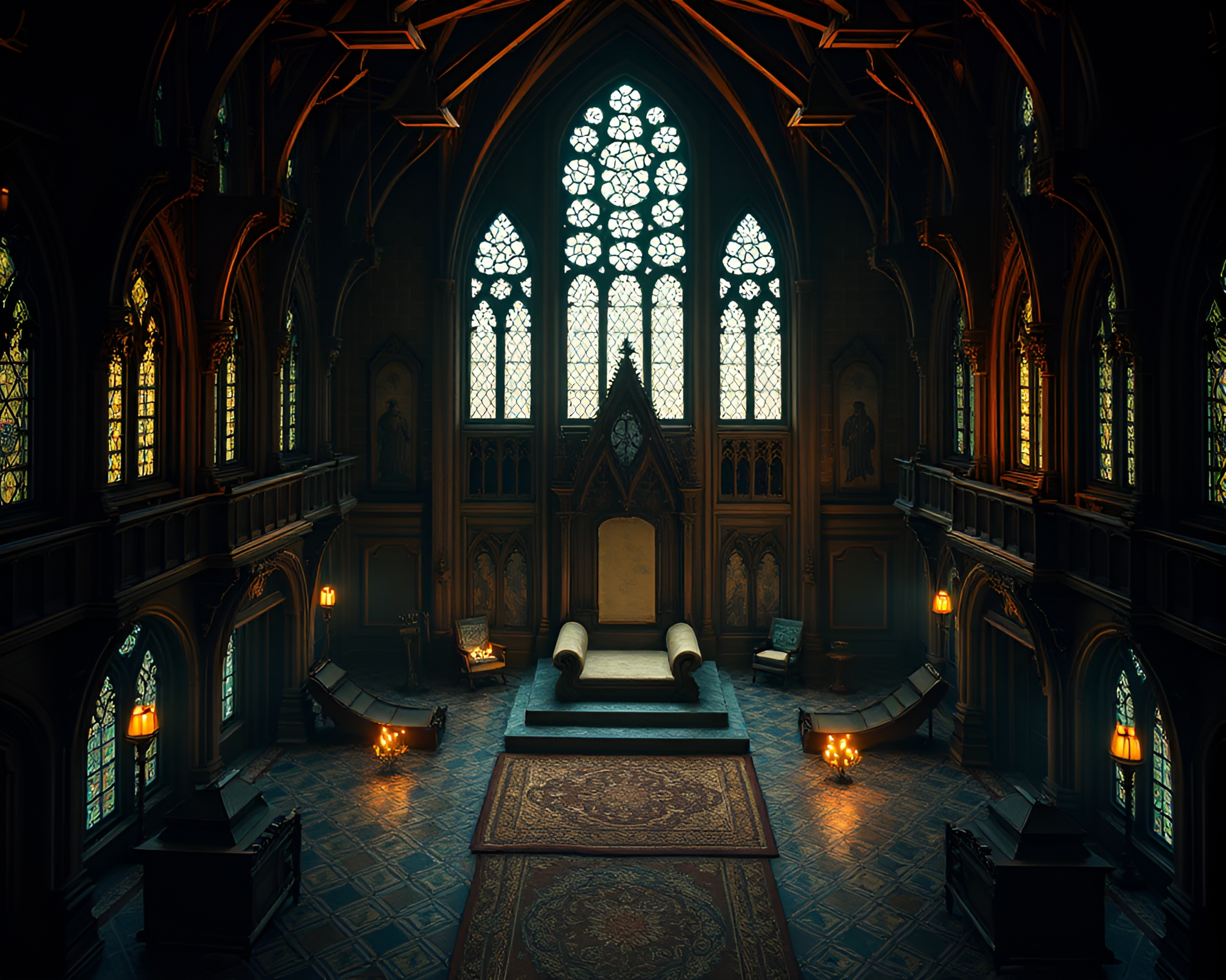 Neo-Gothic Mansion Throne Room Aerial Illumination – free AI stock image