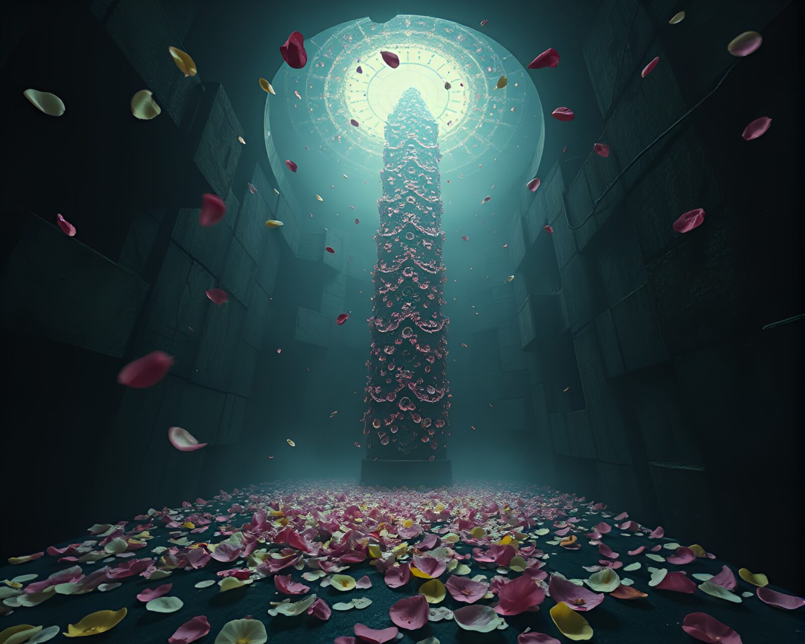 A dark basement with towers made of flower petals.