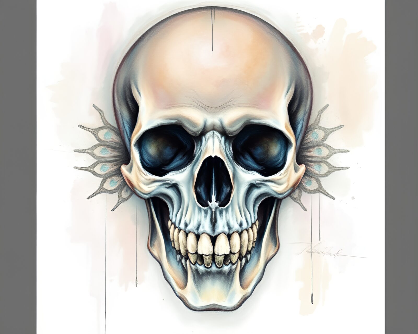 Pastel drawing of off-center crystal skull in soft tones