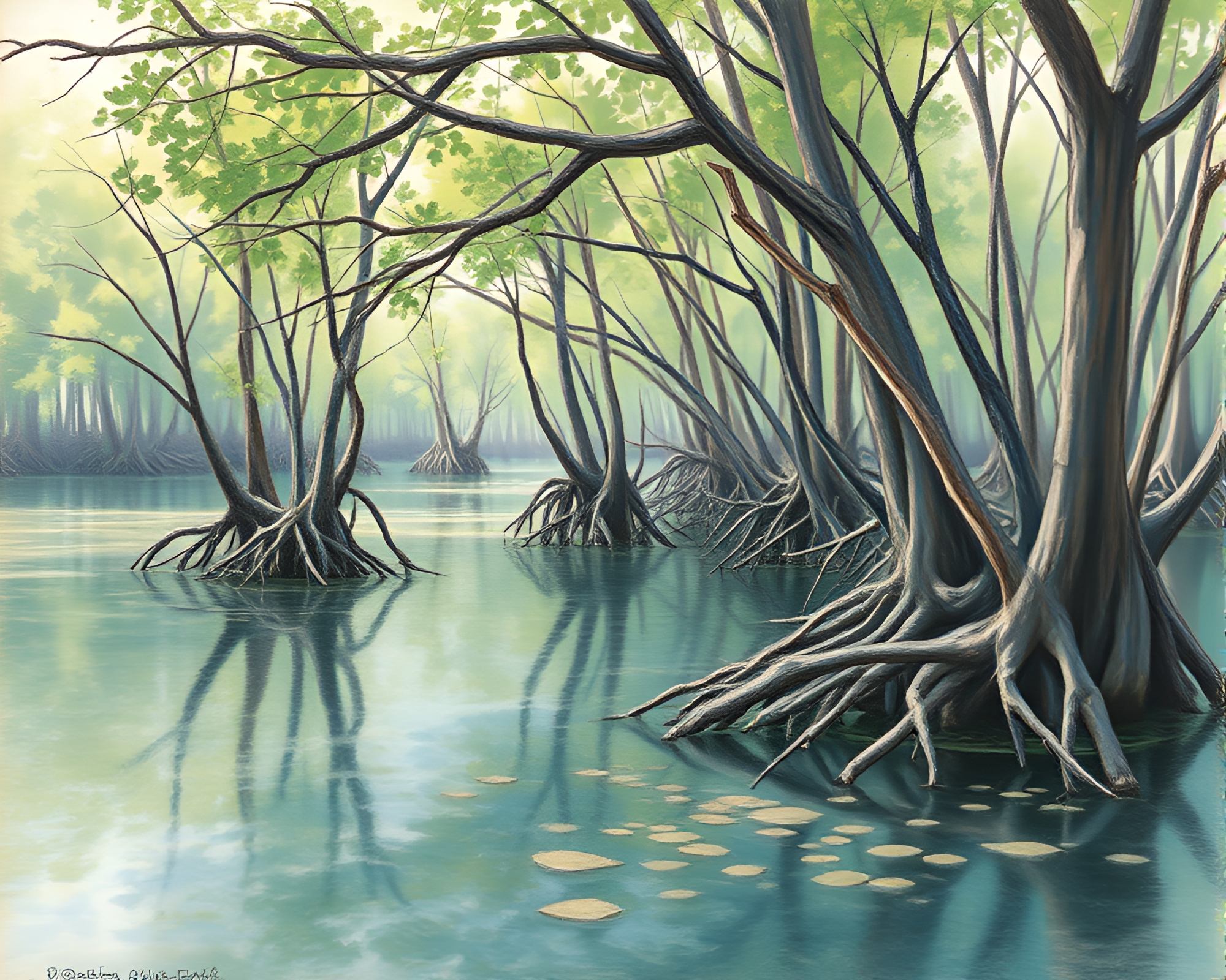 Mangrove Swamp Serenity with Crosshatch Shadows – free AI stock image