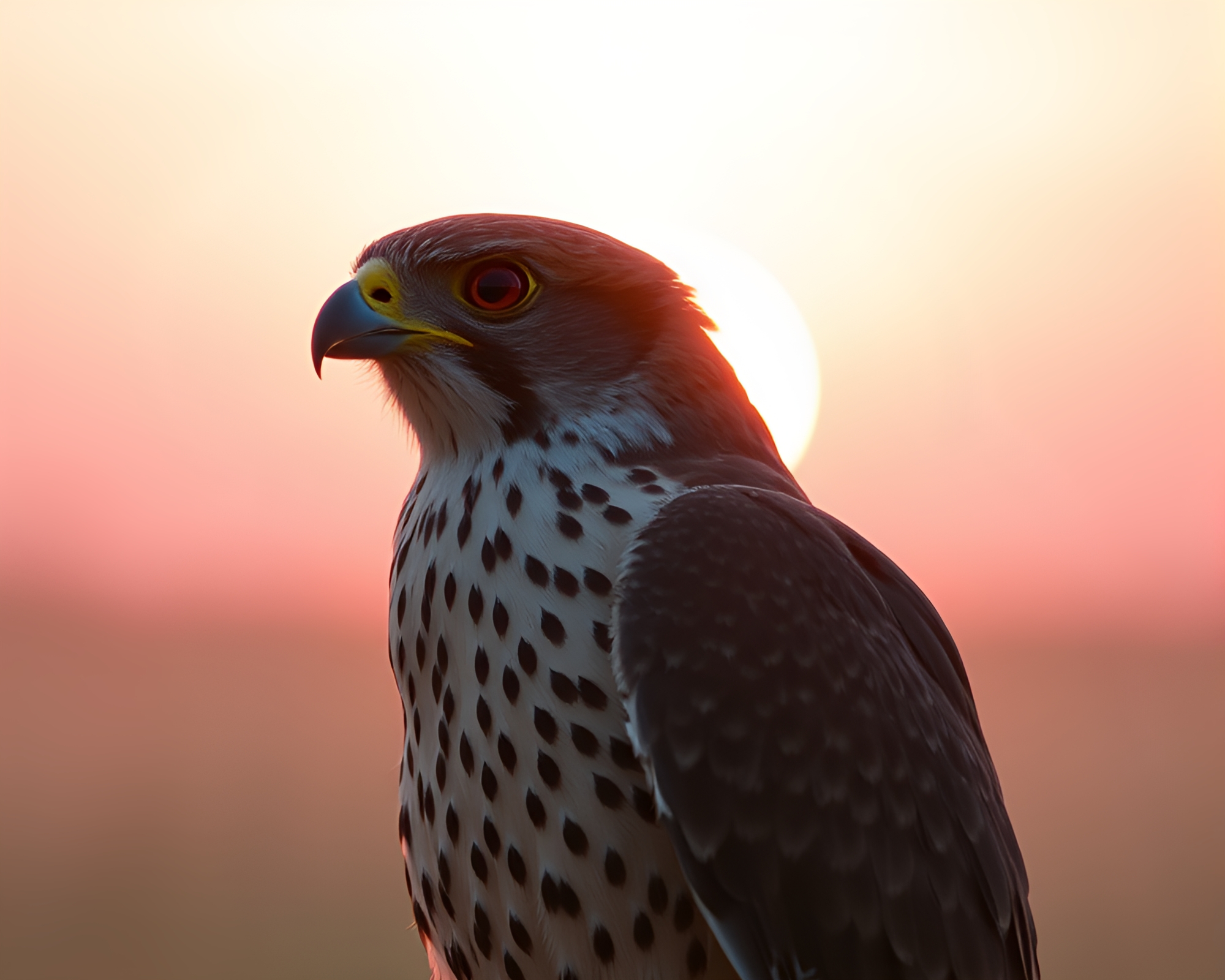 Blush Pink Falcon Soaring Through Sunburst Lens – free AI stock image