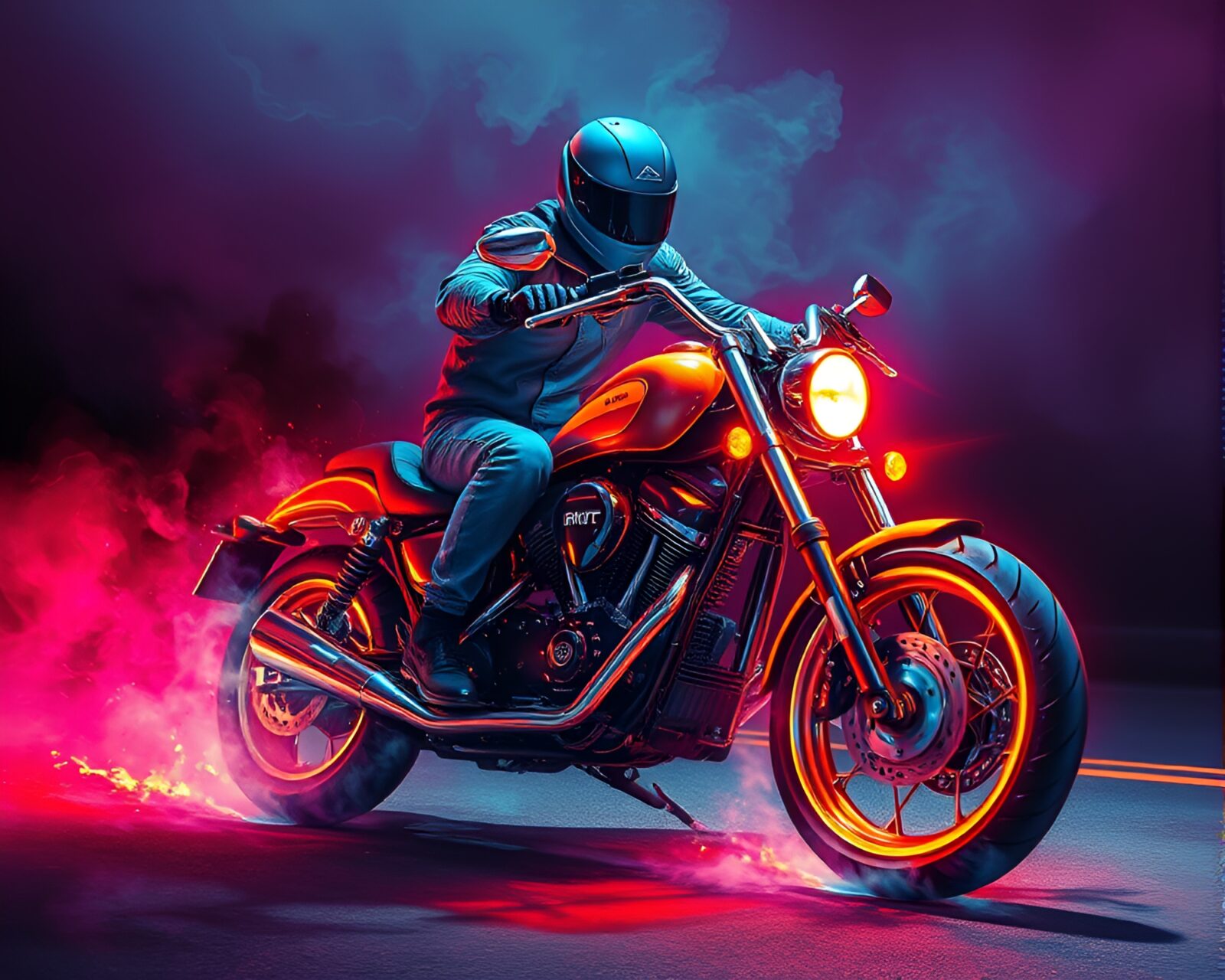 Dynamic action painting of a neon motorcycle in steam