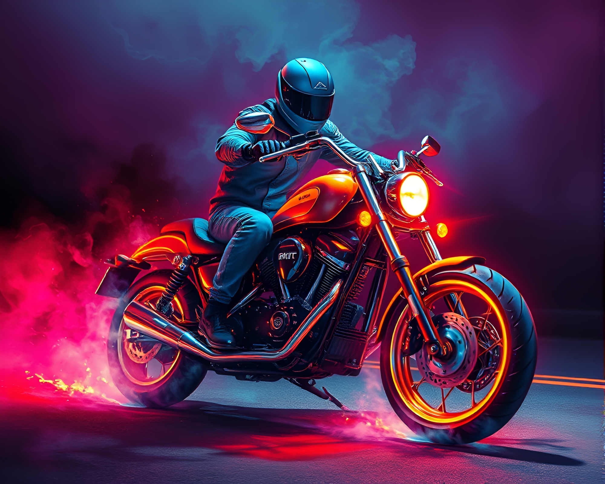 Neon Motorcycle Racing through Steam Vapor – free AI stock image