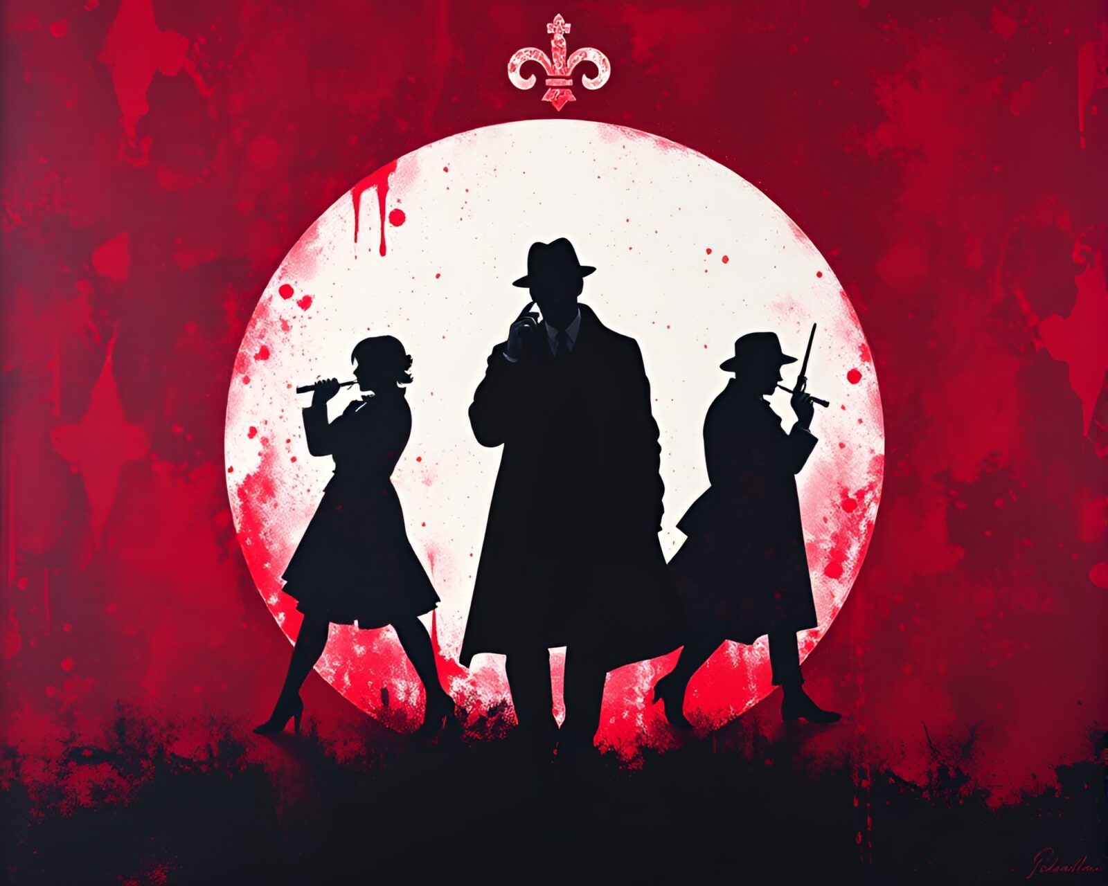 Silhouetted figure of Sherlock Holmes in rich ruby red hues