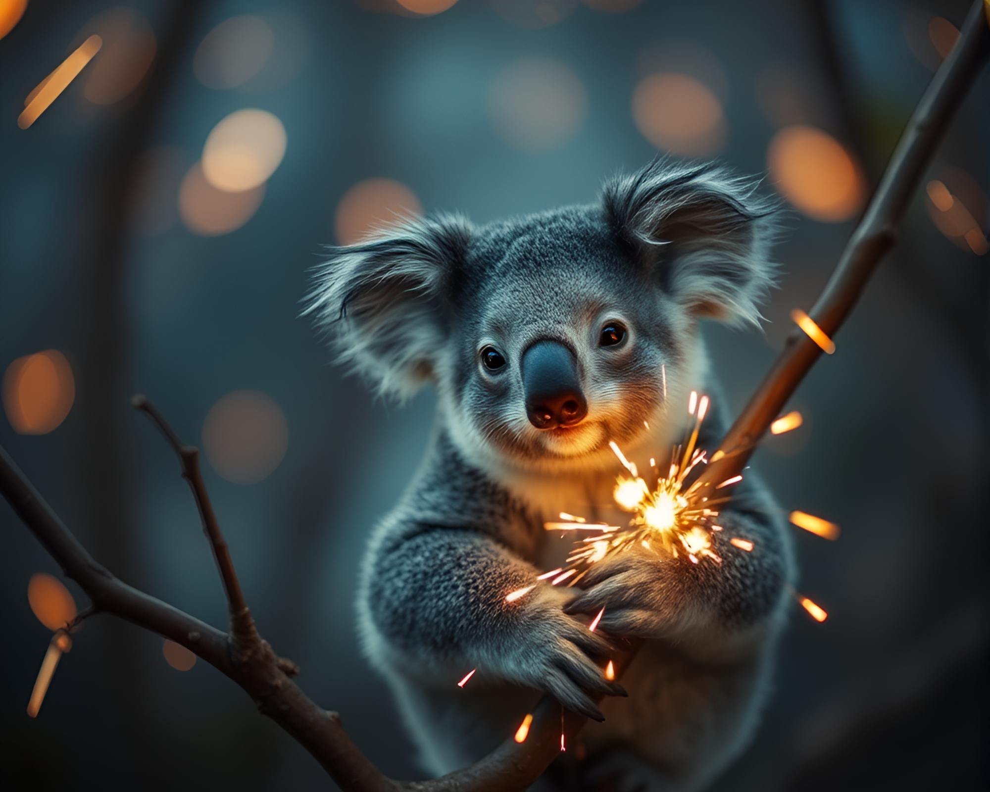 Koala Captivated by Pastel Sparkler Trails at Night – free AI stock image
