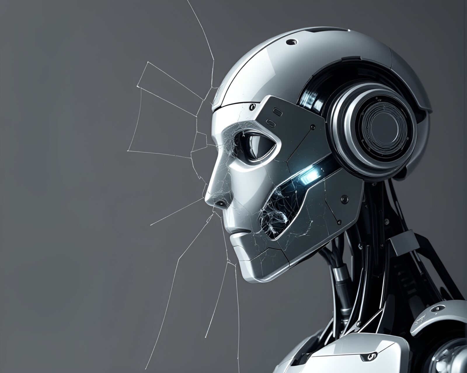 Robotic figure in shattered glass with digital visualization effects