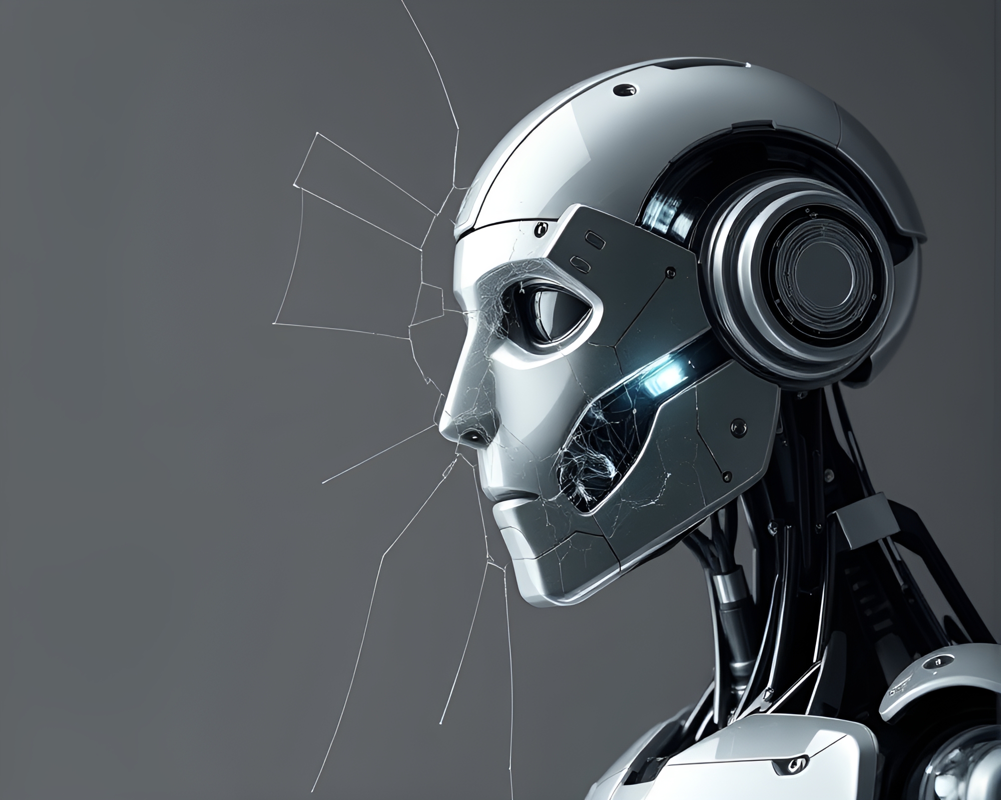 Broken Glass Reflection: Graphite Gray Robot Data Visualization – free AI stock image