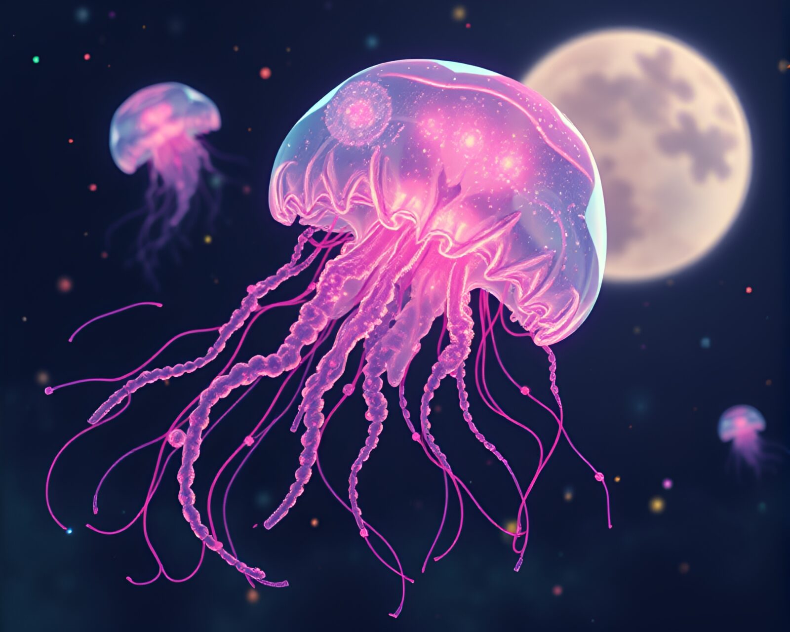 Retro pixel art of glowing jellyfish behind distorted glass.
