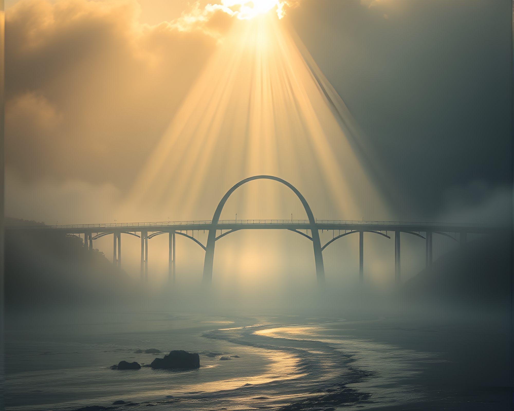 Mystical Arch Bridge in Foggy God Rays – free AI stock image