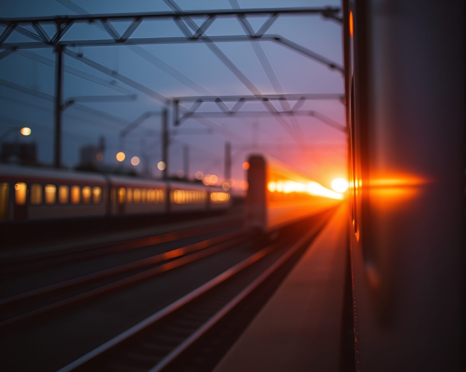 Sunset light illuminating train tracks with shallow focus