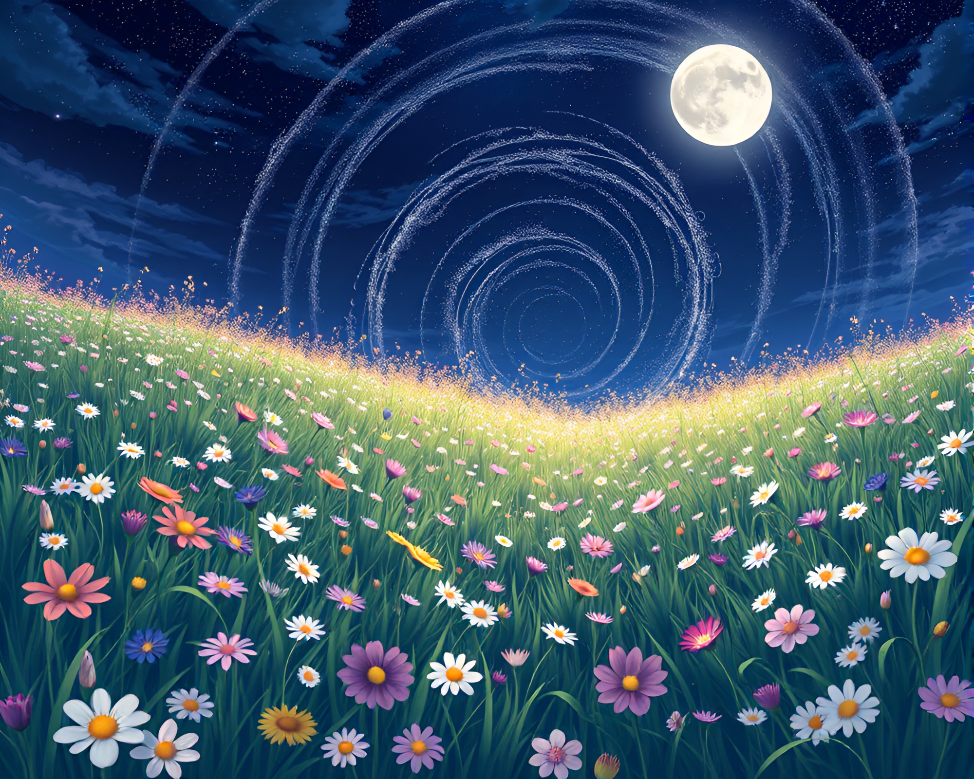 Moonlit Anime Meadow with Spiraling Flowers – free AI stock image