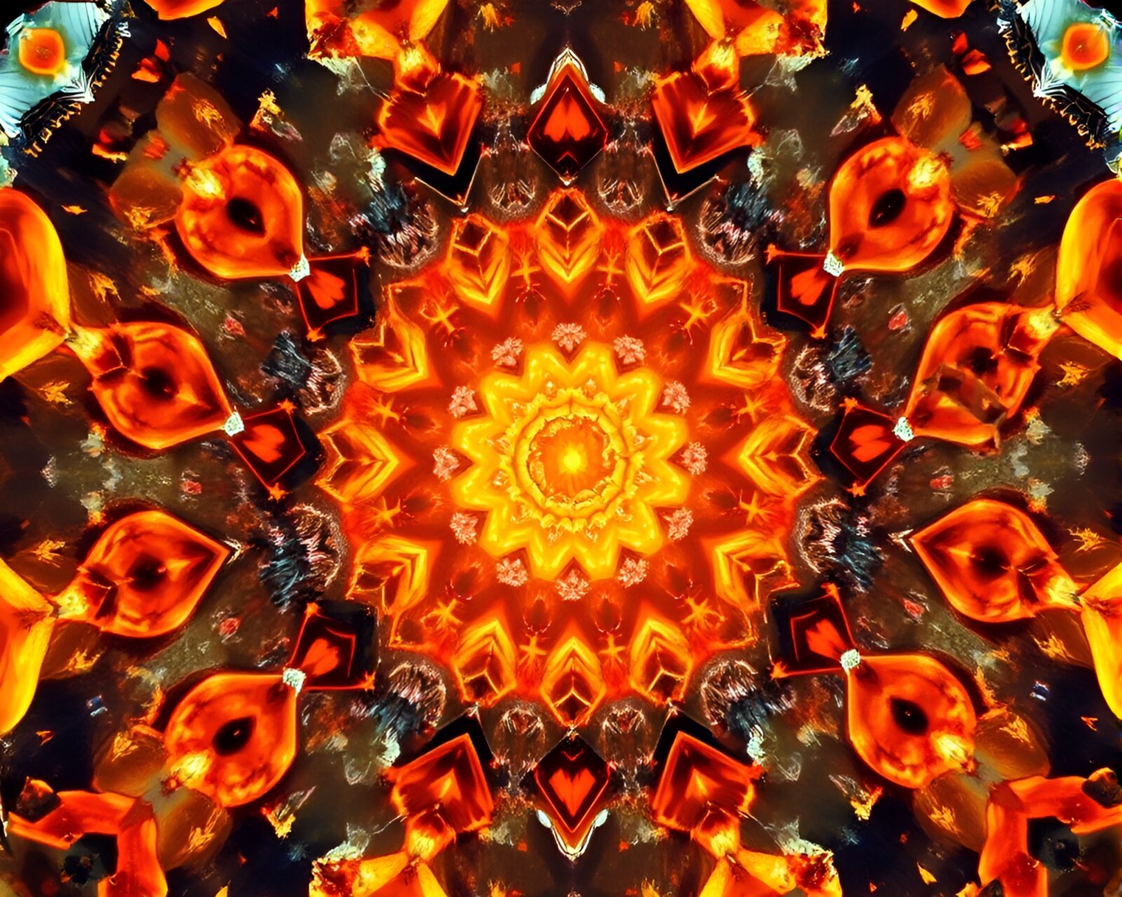 Children surrounded by kaleidoscope fragments in warm orange light