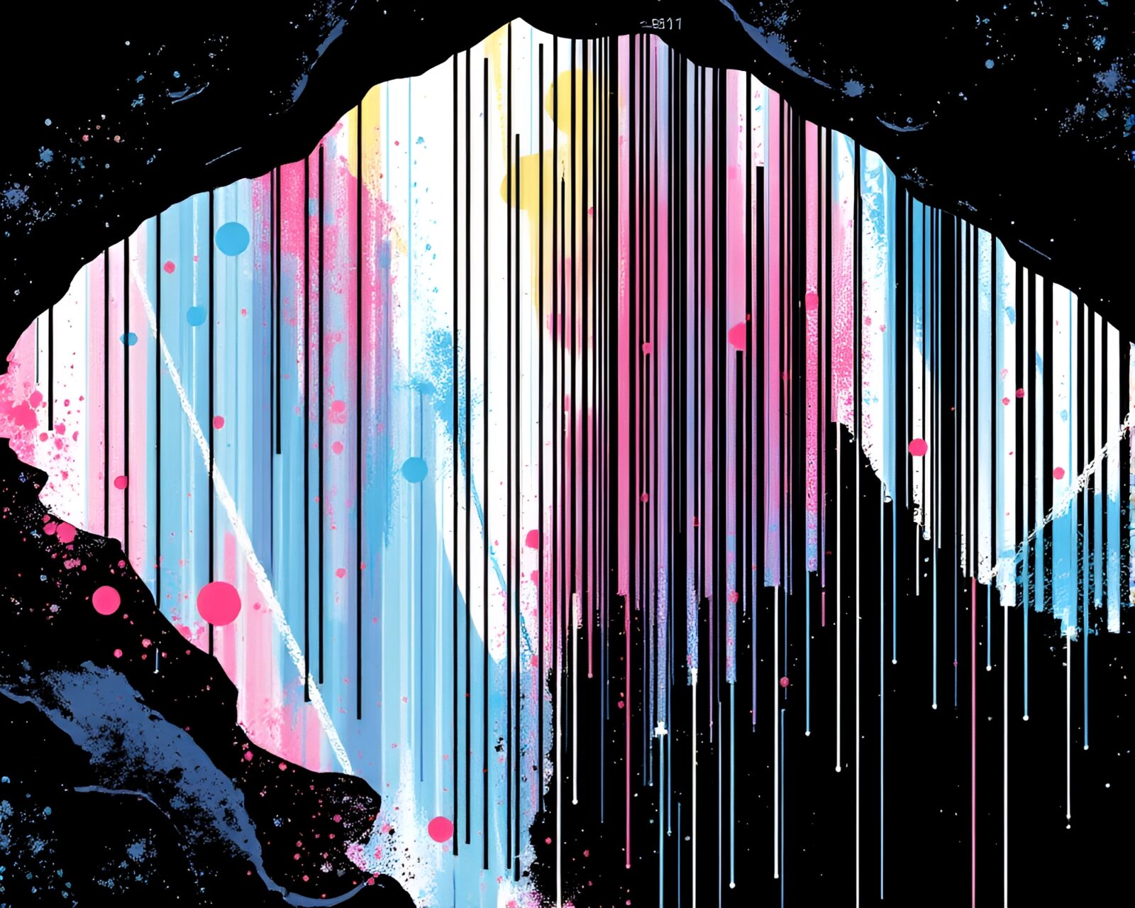 Barcode stripes intertwine with ice cave hues and splatters