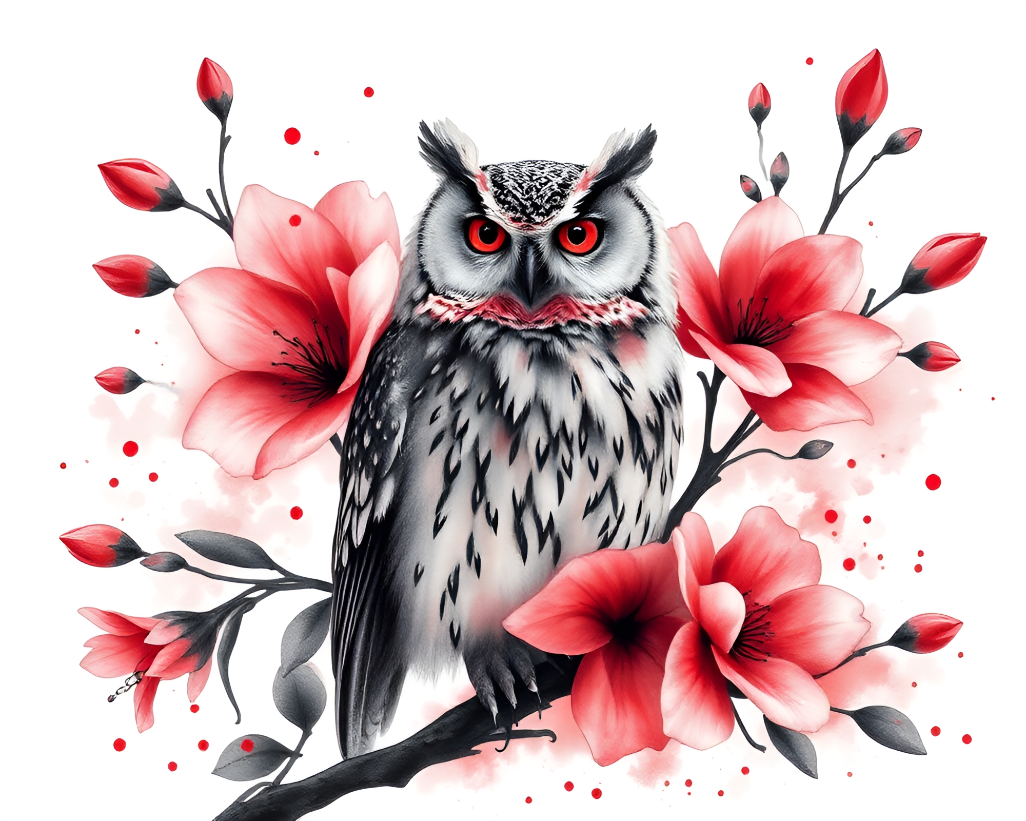 Dreamy Owl in Monochrome Red Watercolor Blooms – free AI stock image